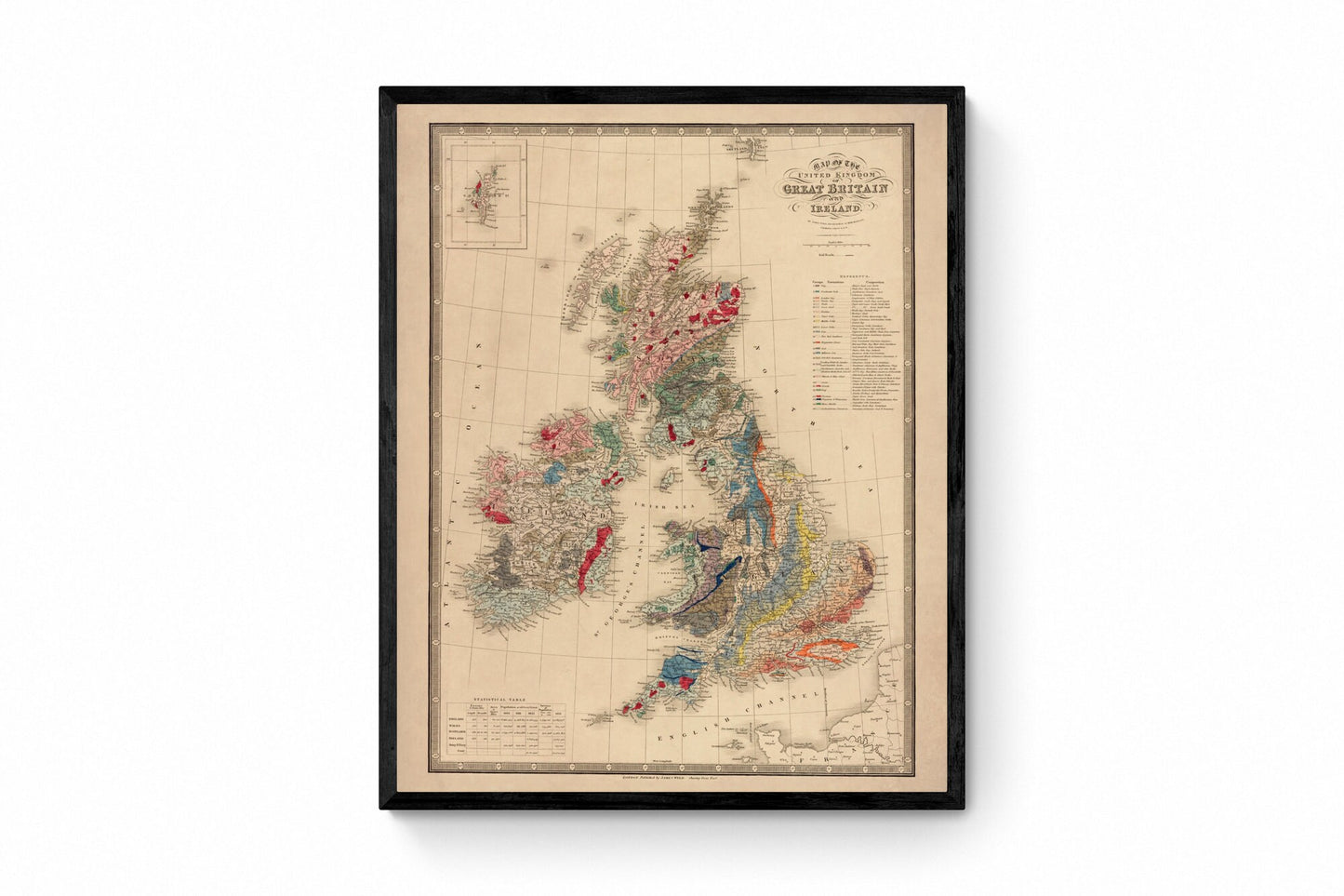 Geological Map of the British Islands dated 1840 - Antique Reproduction - James Wyld - Geology Map - Britain - Ireland - Available Framed