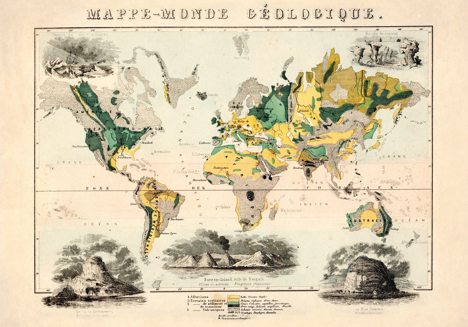 Geological World Map - Antique Reproduction - dated 1858 - Geology - Large Wall Map - Available Framed