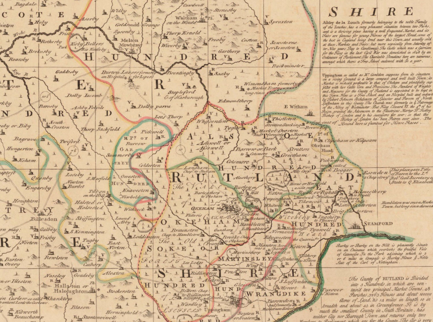 Leicester and Rutland Map dated 1760 - Antique Reproduction - Emanuel Bowen - Detailed County Map - Available Framed