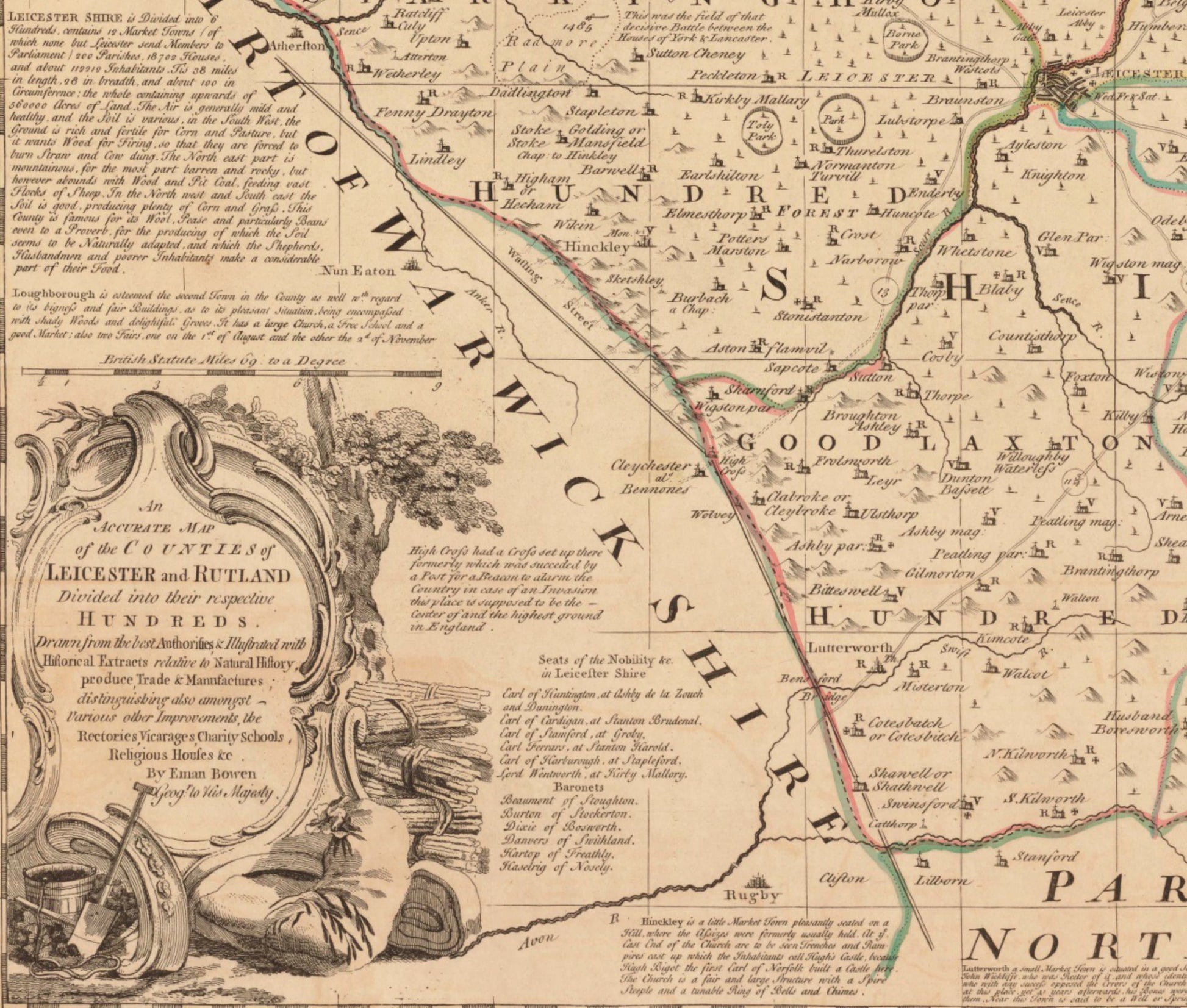 Leicester and Rutland Map dated 1760 - Antique Reproduction - Emanuel Bowen - Detailed County Map - Available Framed