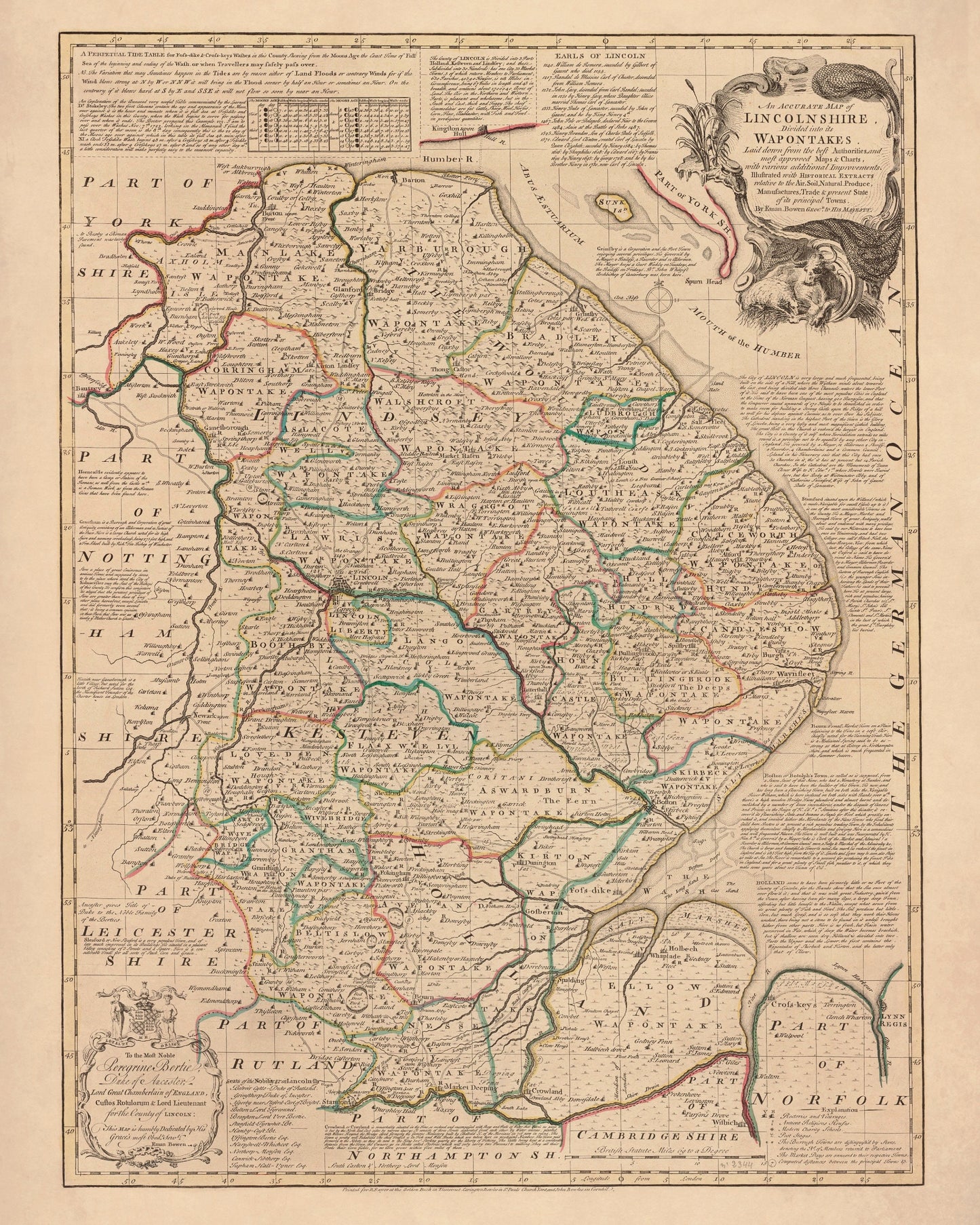 Lincolnshire Map dated 1755 - Antique Reproduction - Emanuel Bowen - Detailed County Map - Available Framed