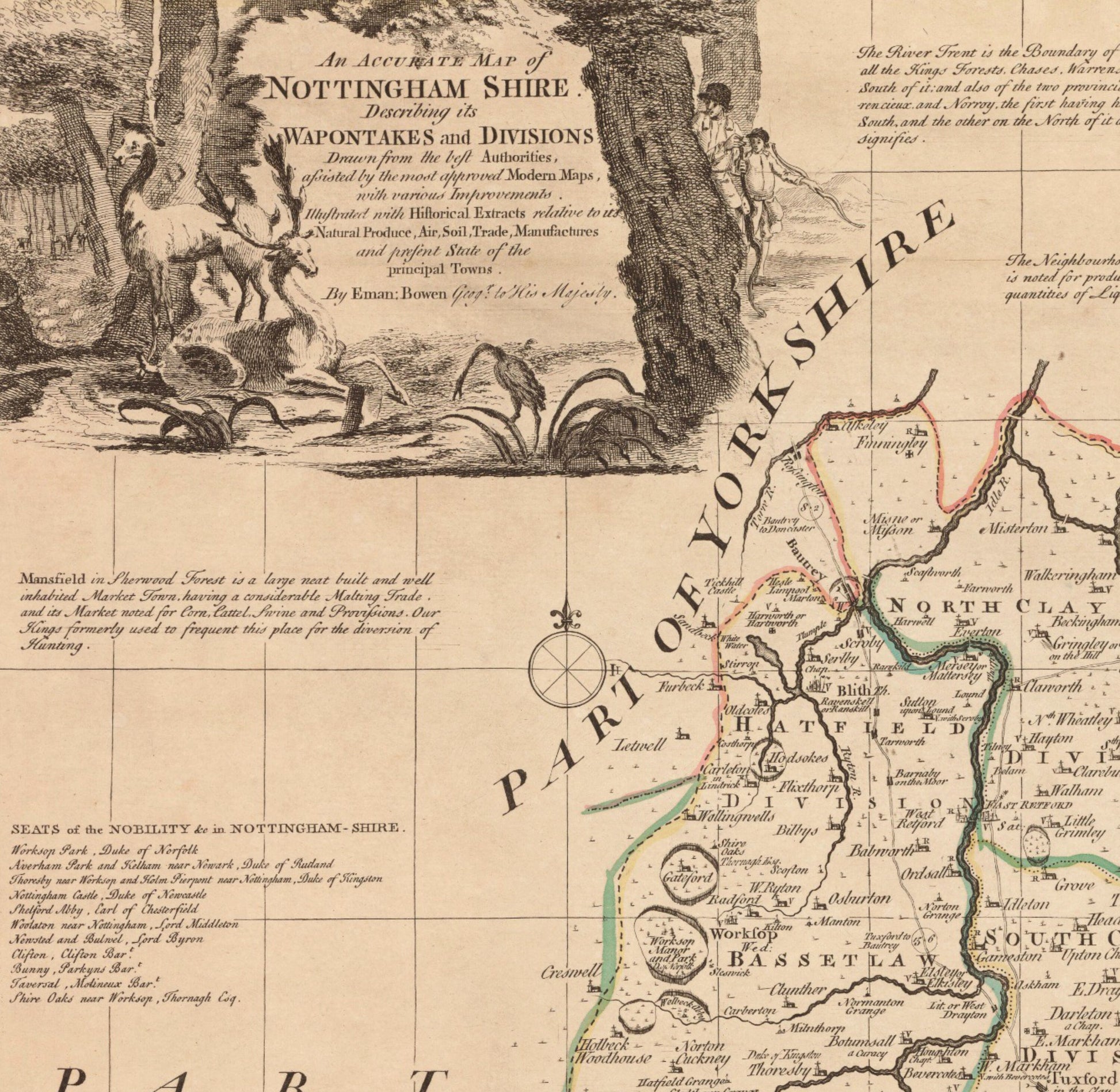 Nottinghamshire Map dated 1755 - Antique Reproduction - Emanuel Bowen - Detailed County Map - Available Framed