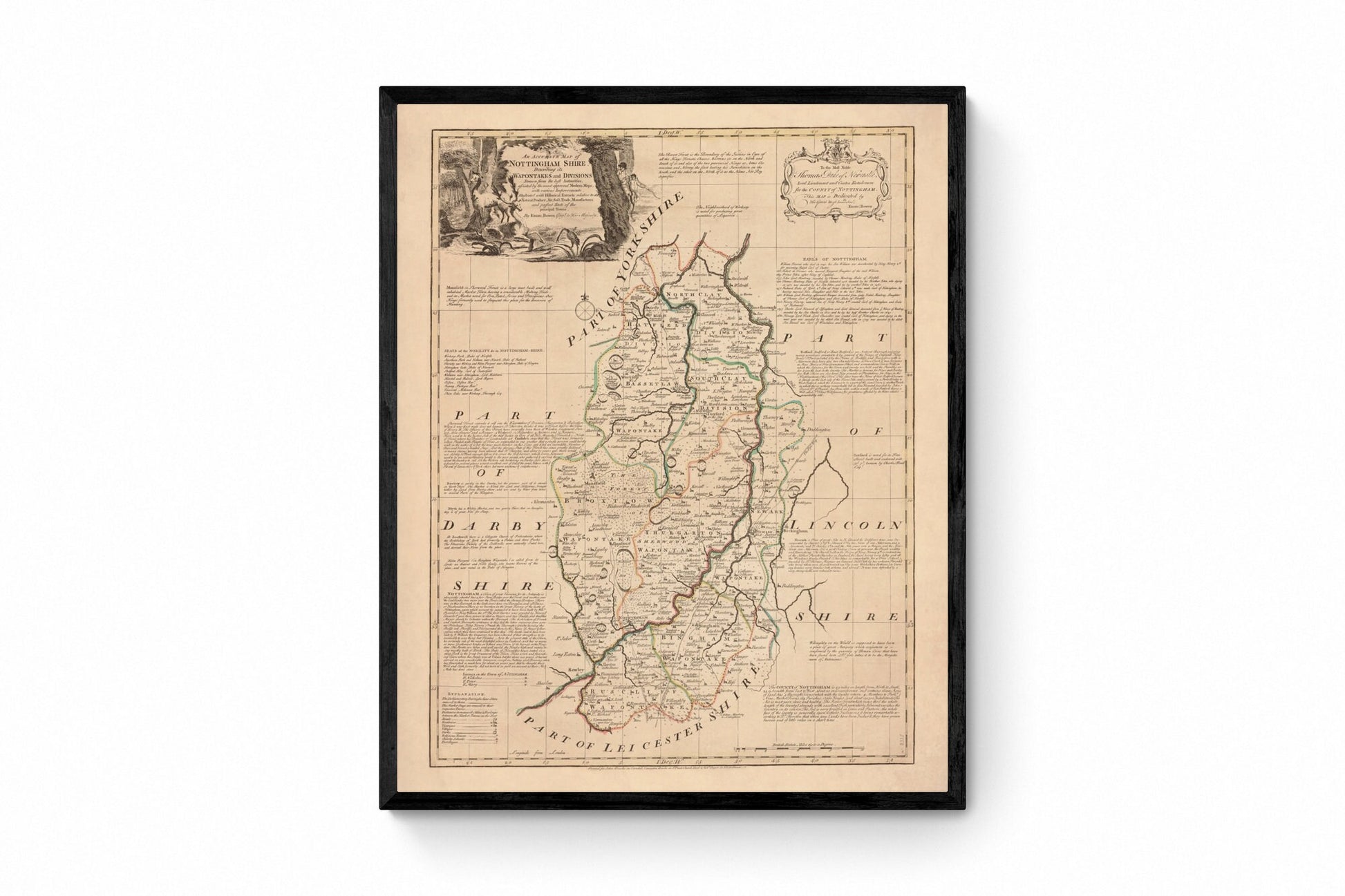 Nottinghamshire Map dated 1755 - Antique Reproduction - Emanuel Bowen - Detailed County Map - Available Framed