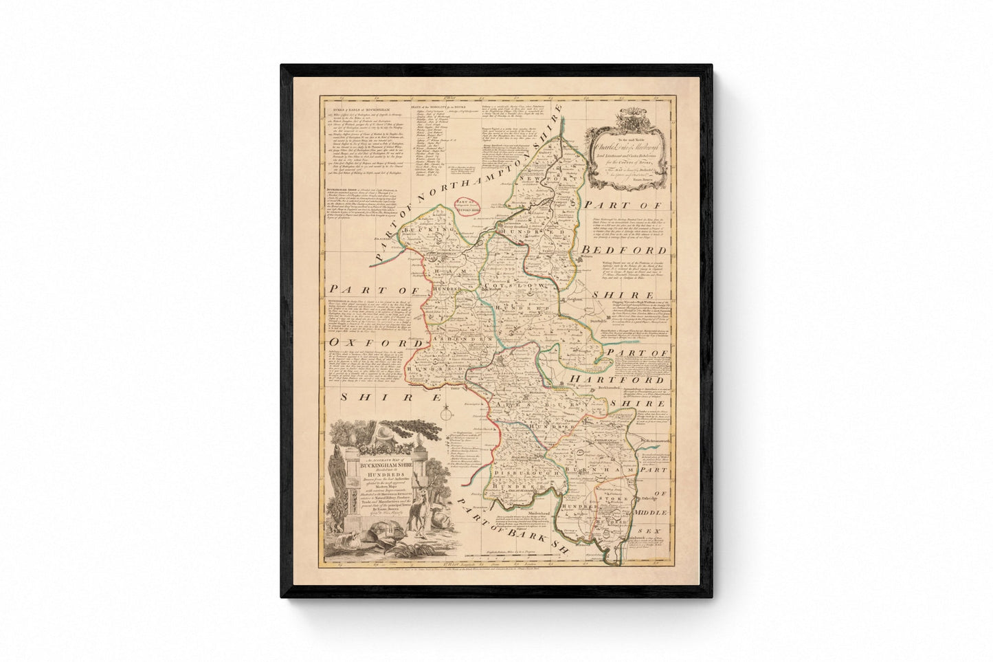 Buckinghamshire Map dated 1760 - Antique Reproduction - Emanuel Bowen - Detailed County Map - Available Framed