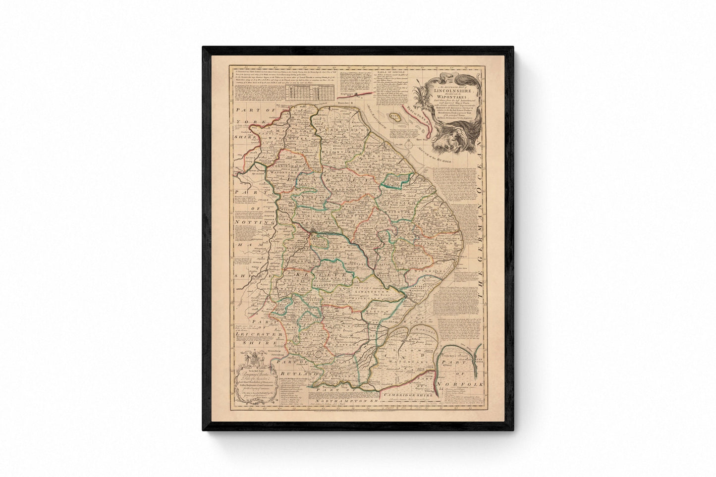 Lincolnshire Map dated 1755 - Antique Reproduction - Emanuel Bowen - Detailed County Map - Available Framed