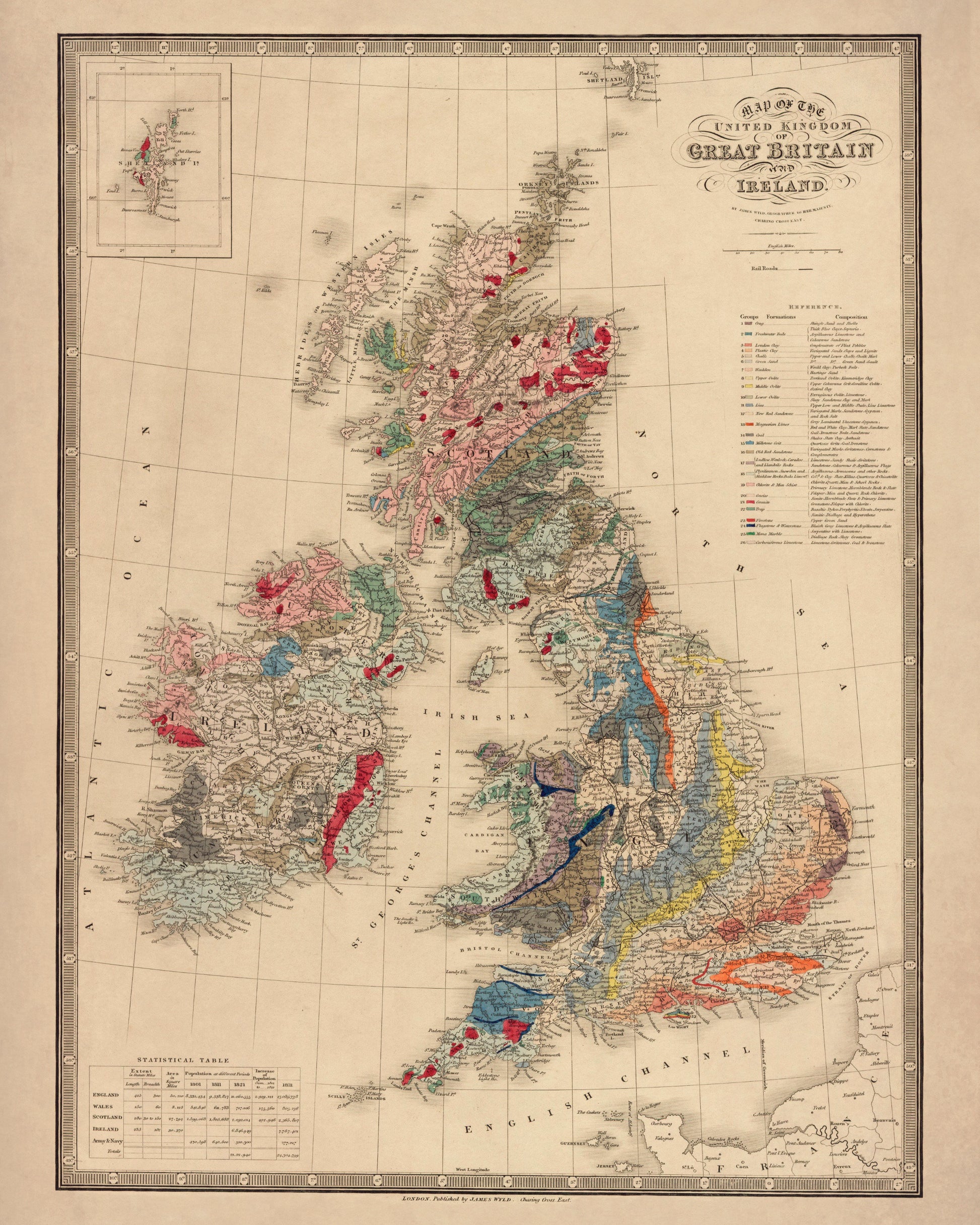 Geological Map of the British Islands dated 1840 - Antique Reproduction - James Wyld - Geology Map - Britain - Ireland - Available Framed