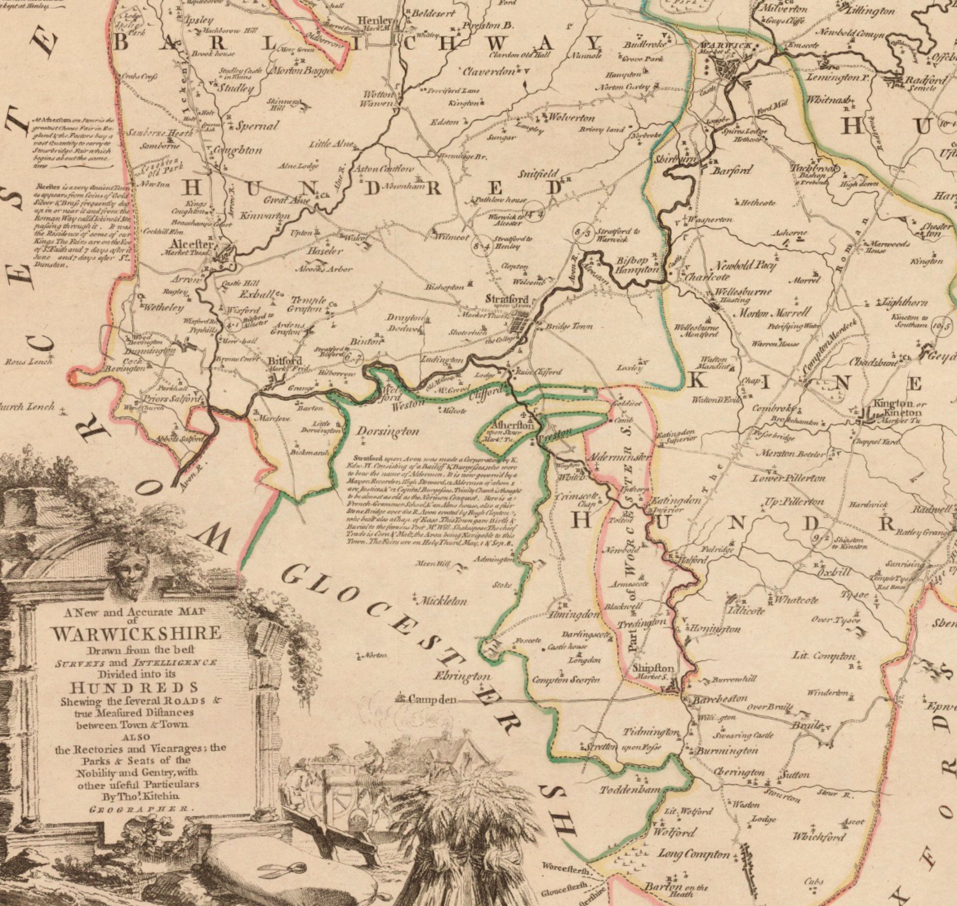 Warwickshire Map dated 1765 - Antique Reproduction - Emanuel Bowen - Detailed County Map - Available Framed