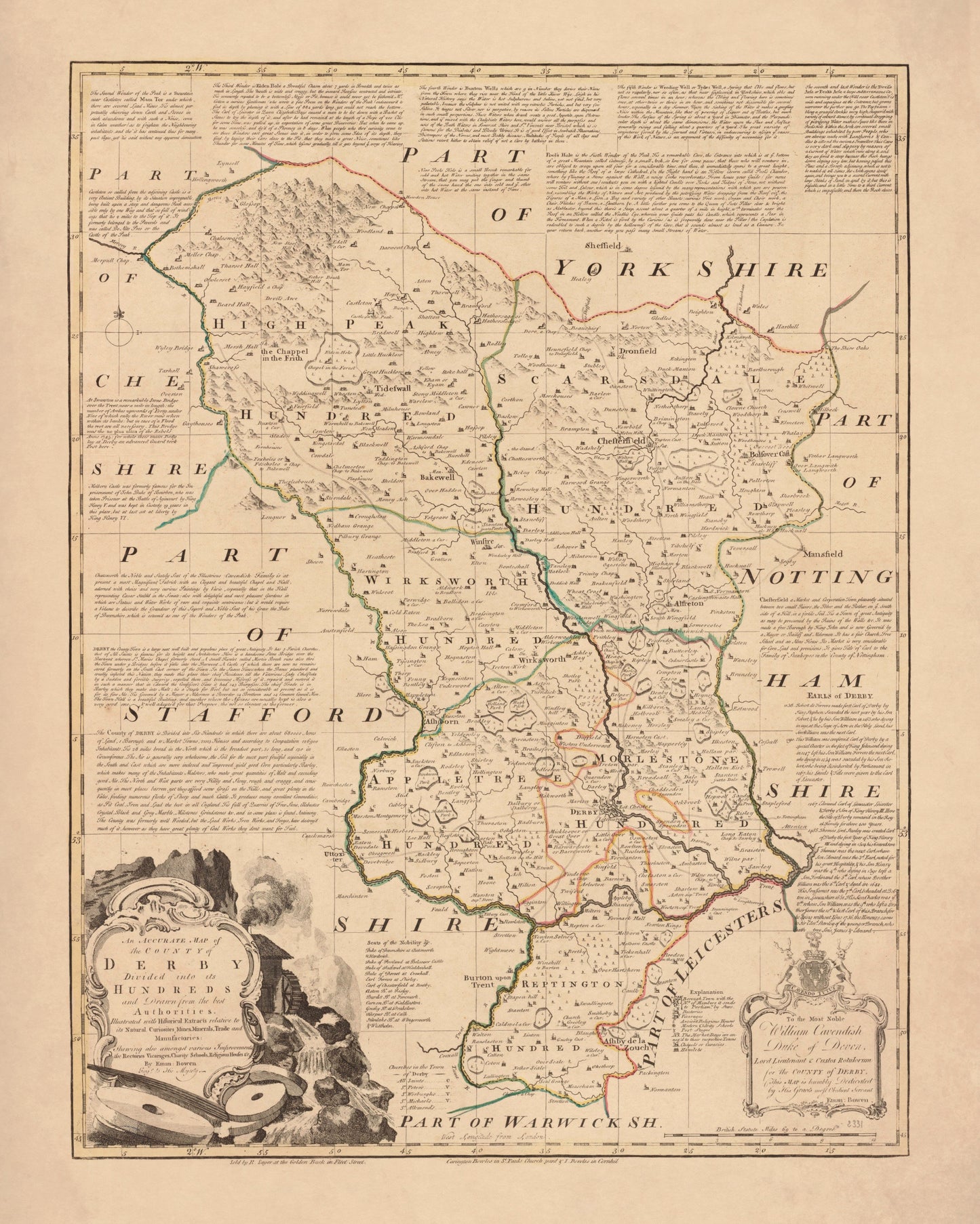 Derbyshire Map dated 1755 - Antique Reproduction - Emanuel Bowen - Detailed County Map - Available Framed