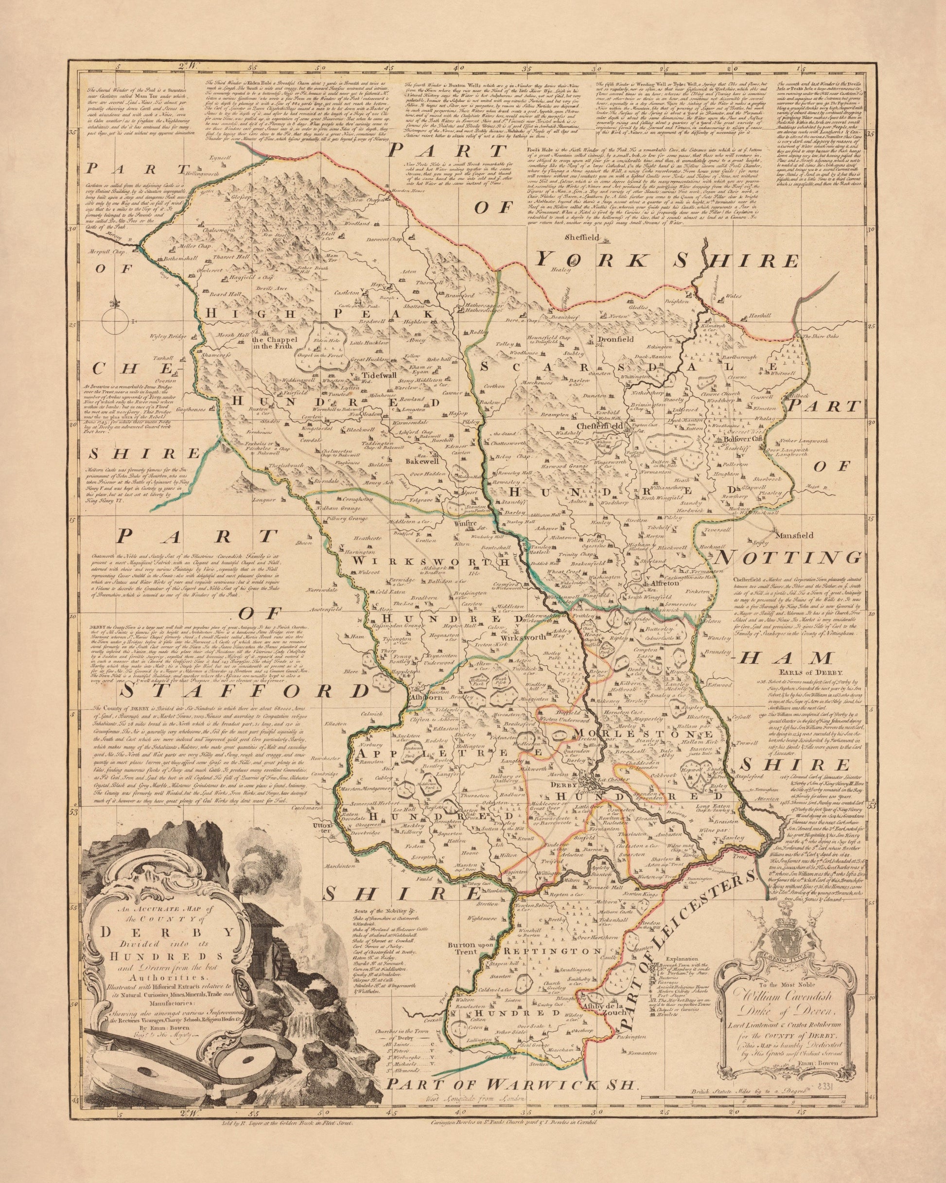 Derbyshire Map dated 1755 - Antique Reproduction - Emanuel Bowen - Detailed County Map - Available Framed