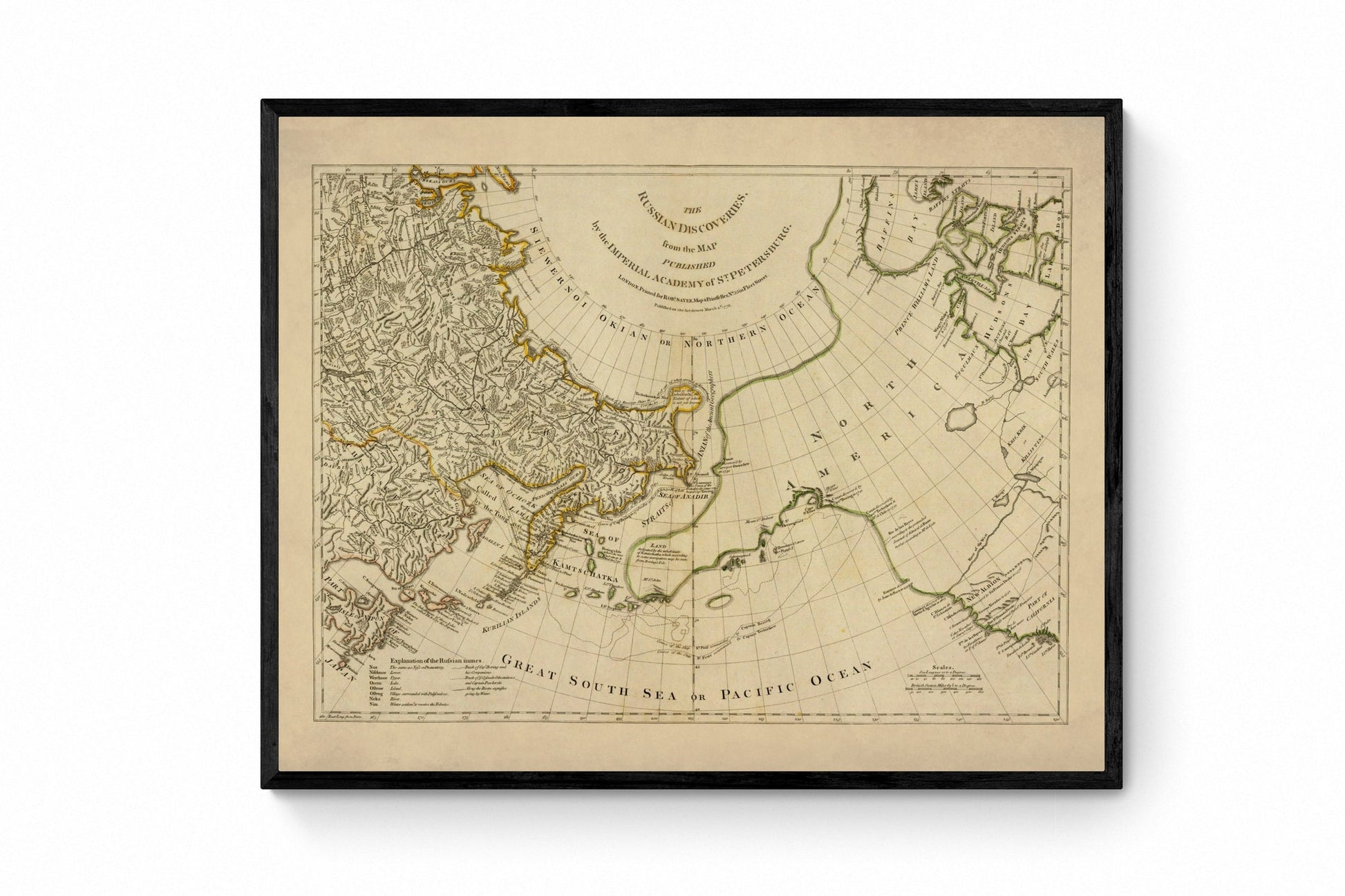 Russian Discoveries in Asia and America Map dated 1776 - Antique Reproduction - Unusual Map - North America History - Available Framed