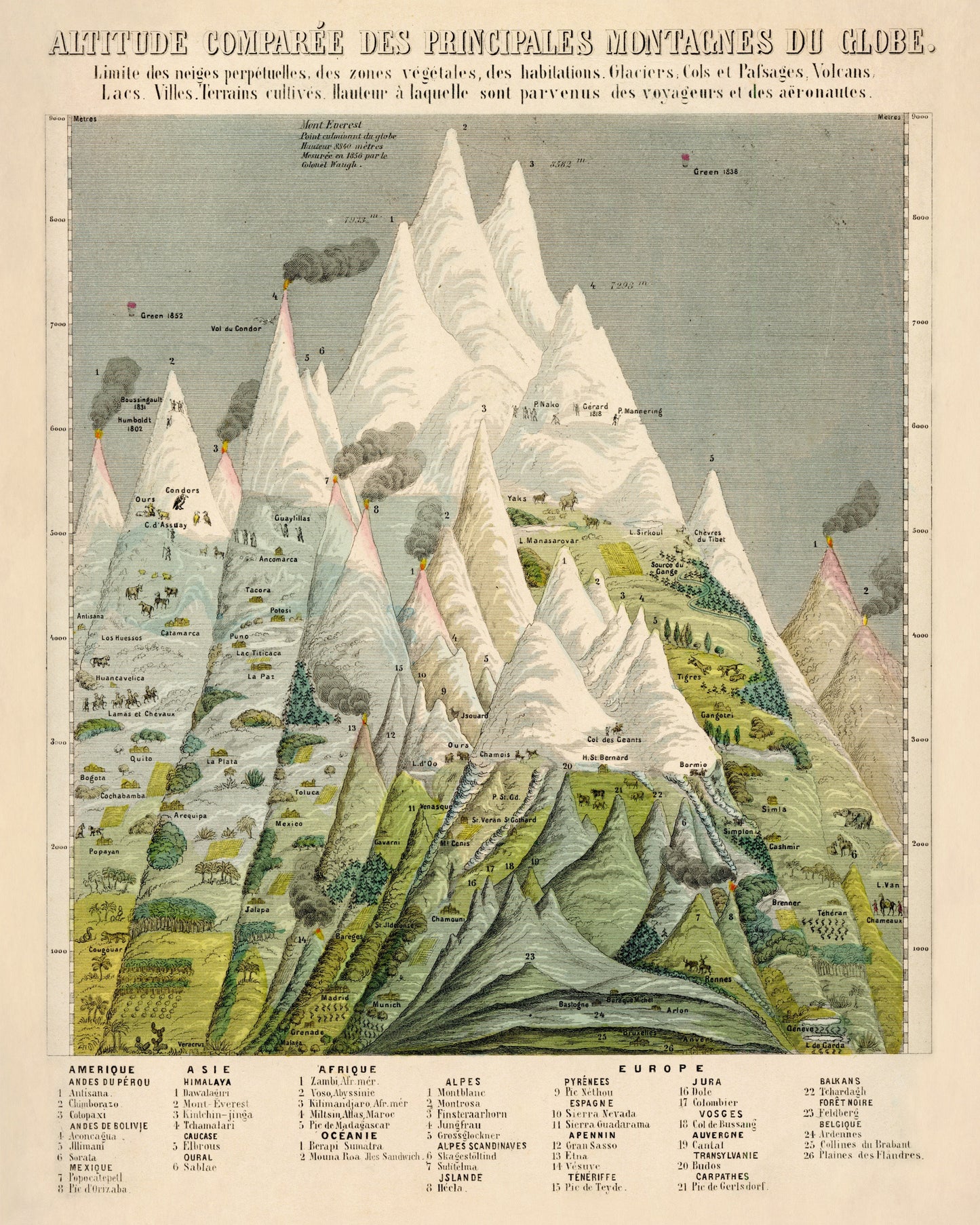 Mountain Comparison Diagram - Antique Reproduction - dated 1858 - Geography - Large Wall Map - Available Framed