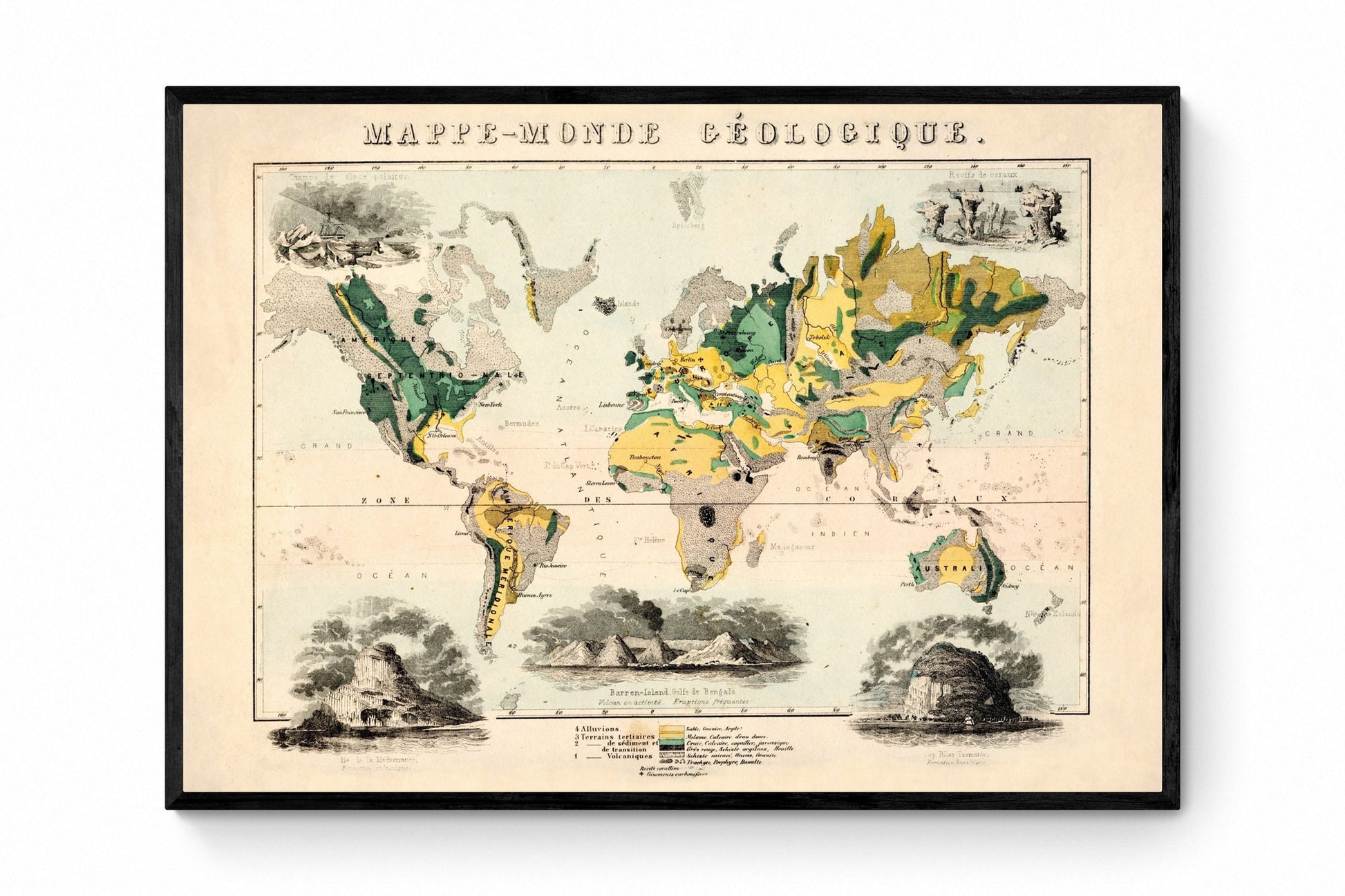 Geological World Map - Antique Reproduction - dated 1858 - Geology - Large Wall Map - Available Framed