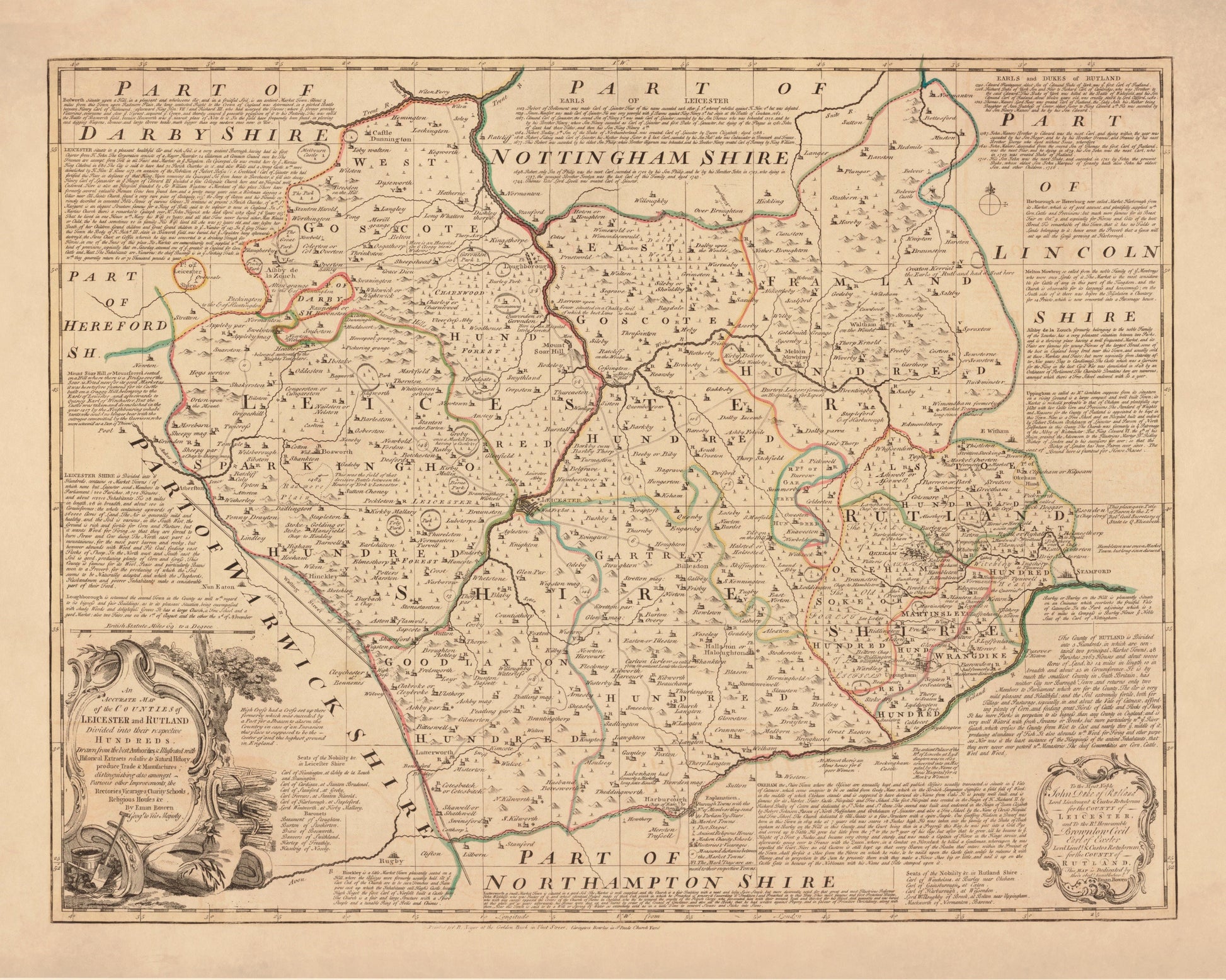 Leicester and Rutland Map dated 1760 - Antique Reproduction - Emanuel Bowen - Detailed County Map - Available Framed