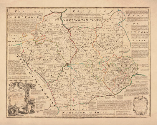 Leicester and Rutland Map dated 1760 - Antique Reproduction - Emanuel Bowen - Detailed County Map - Available Framed