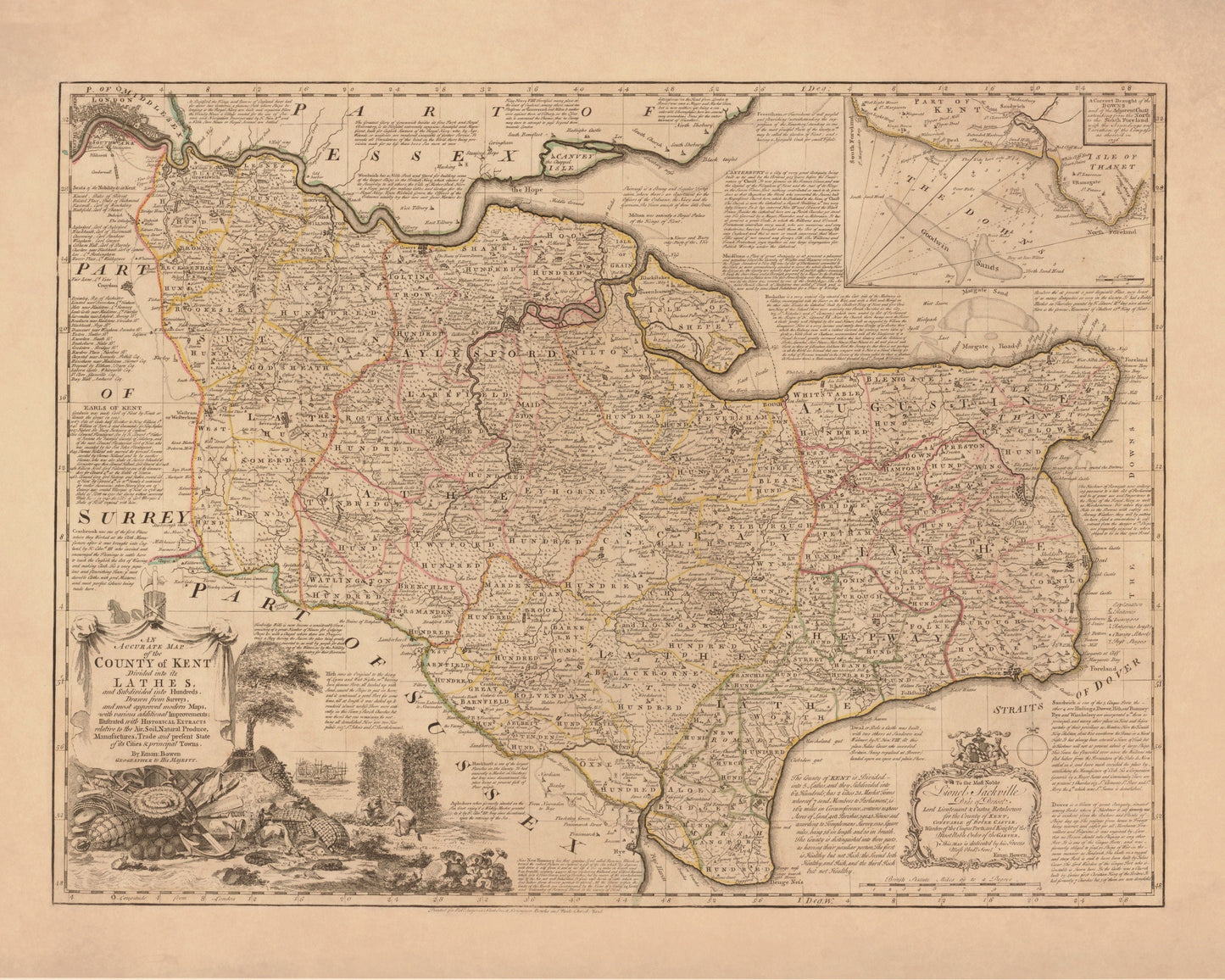 Kent Map dated 1740 - Antique Reproduction - Emanuel Bowen - Detailed County Map - Available Framed