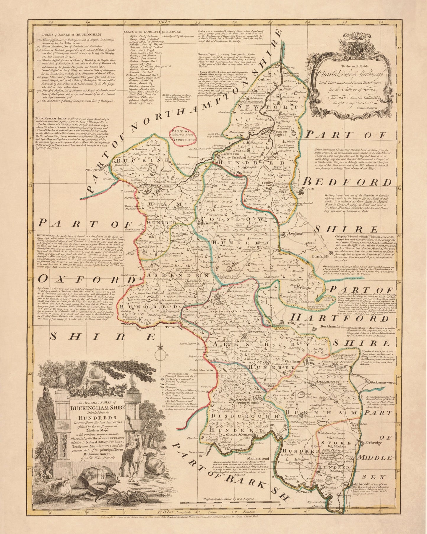 Buckinghamshire Map dated 1760 - Antique Reproduction - Emanuel Bowen - Detailed County Map - Available Framed