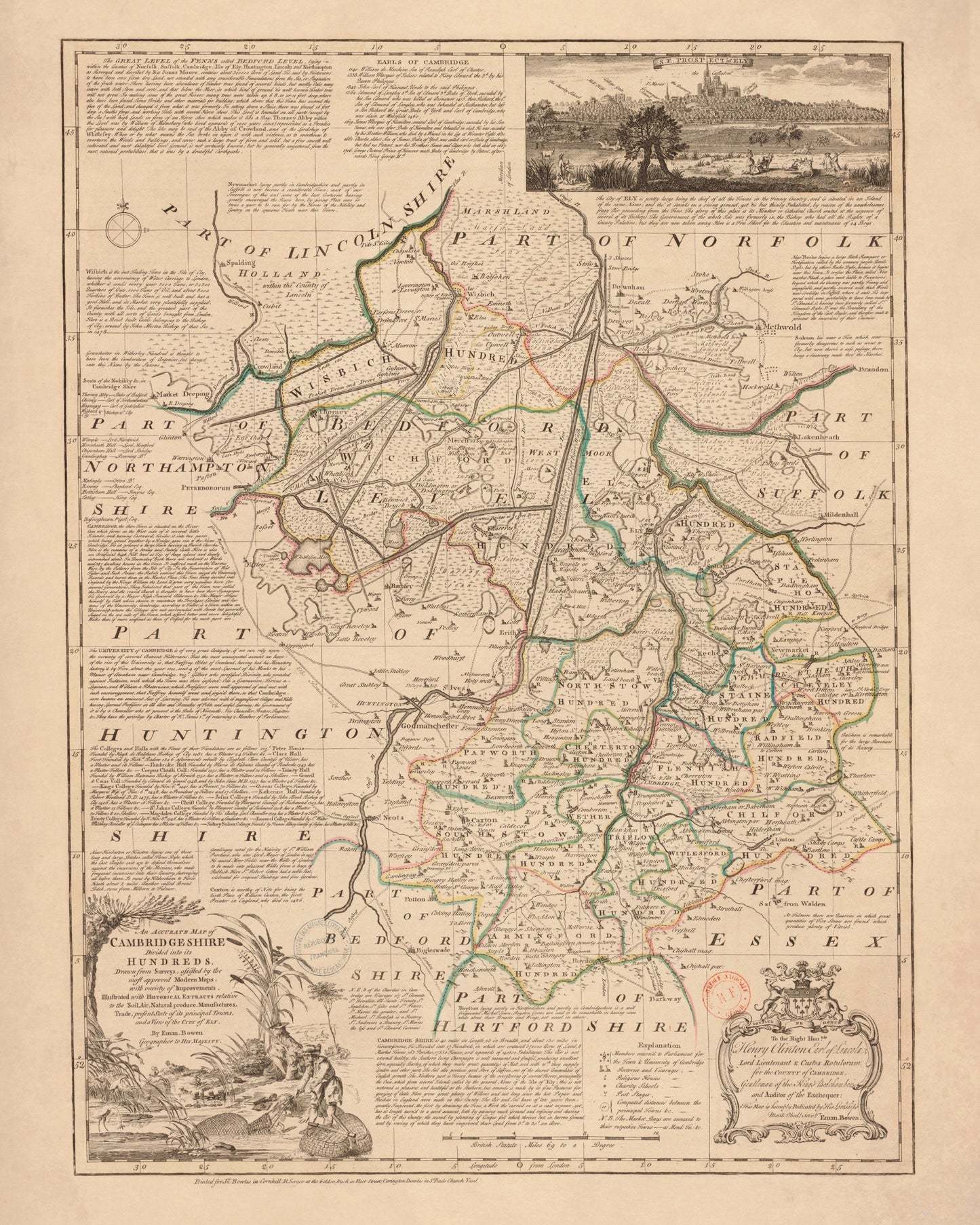 Cambridgeshire Map dated 1750 - Antique Reproduction - Emanuel Bowen - Detailed County Map - Available Framed