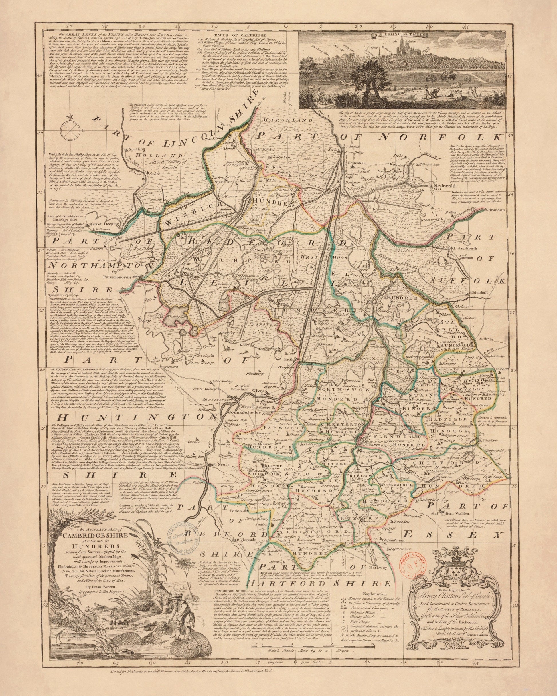 Cambridgeshire Map dated 1750 - Antique Reproduction - Emanuel Bowen - Detailed County Map - Available Framed