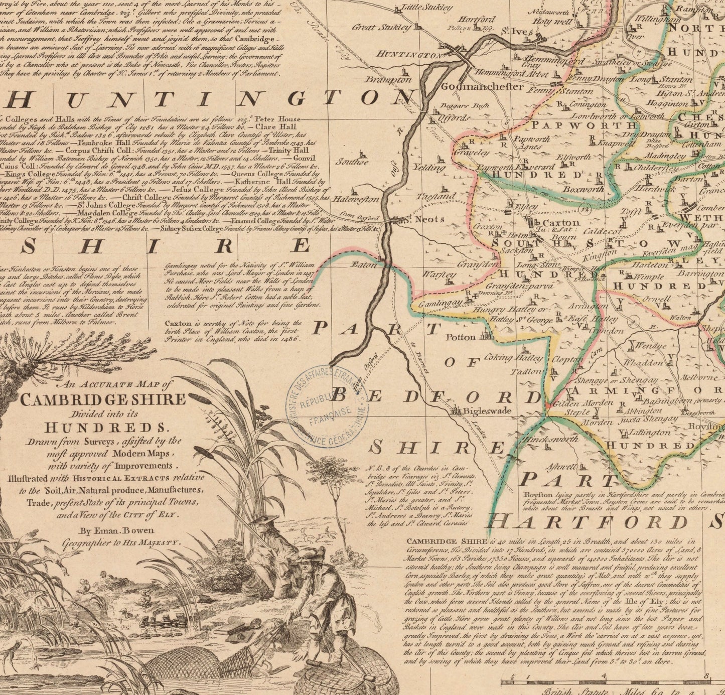 Cambridgeshire Map dated 1750 - Antique Reproduction - Emanuel Bowen - Detailed County Map - Available Framed