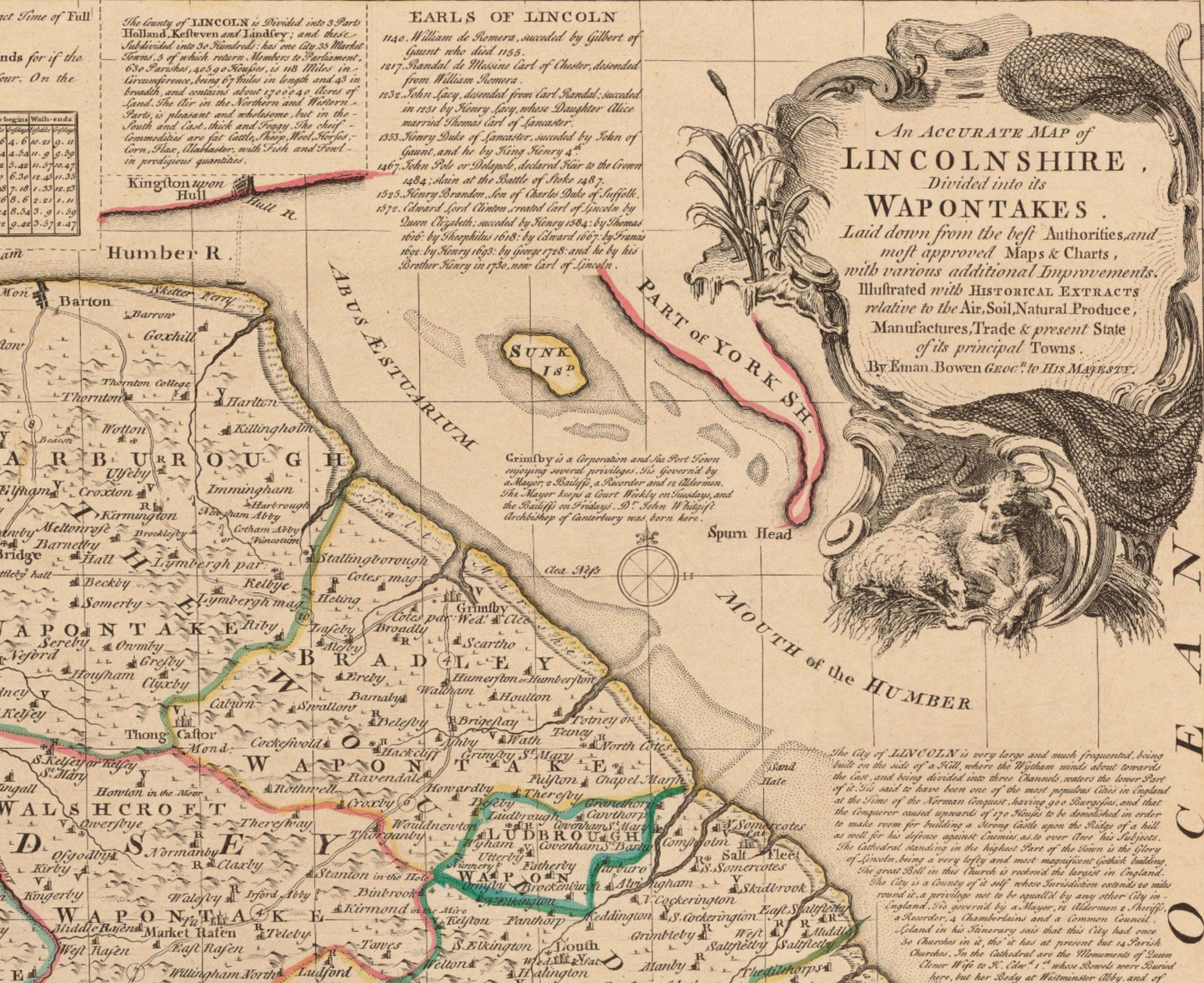 Lincolnshire Map dated 1755 - Antique Reproduction - Emanuel Bowen - Detailed County Map - Available Framed