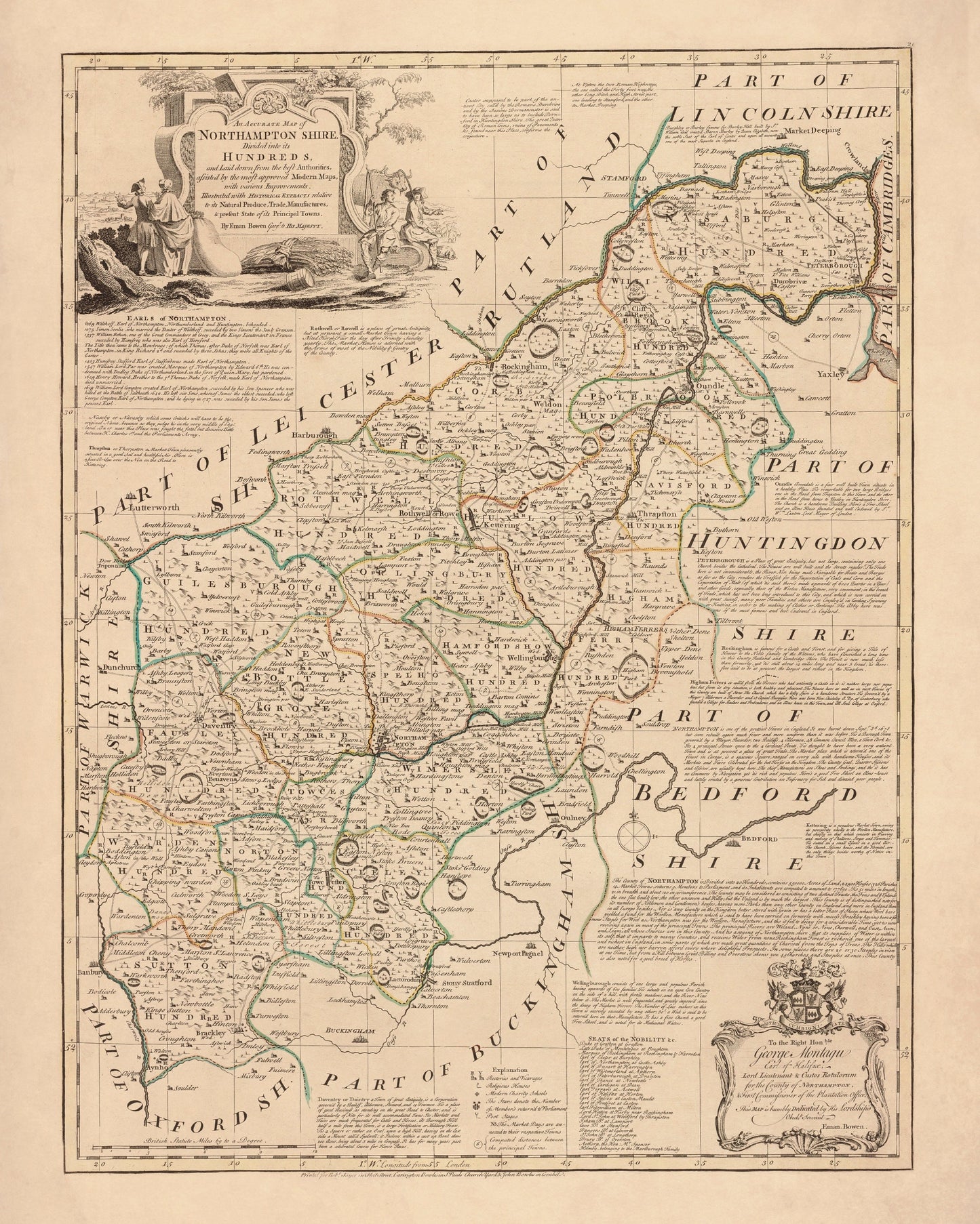 Northamptonshire Map dated 1760 - Antique Reproduction - Emanuel Bowen - Detailed County Map - Available Framed