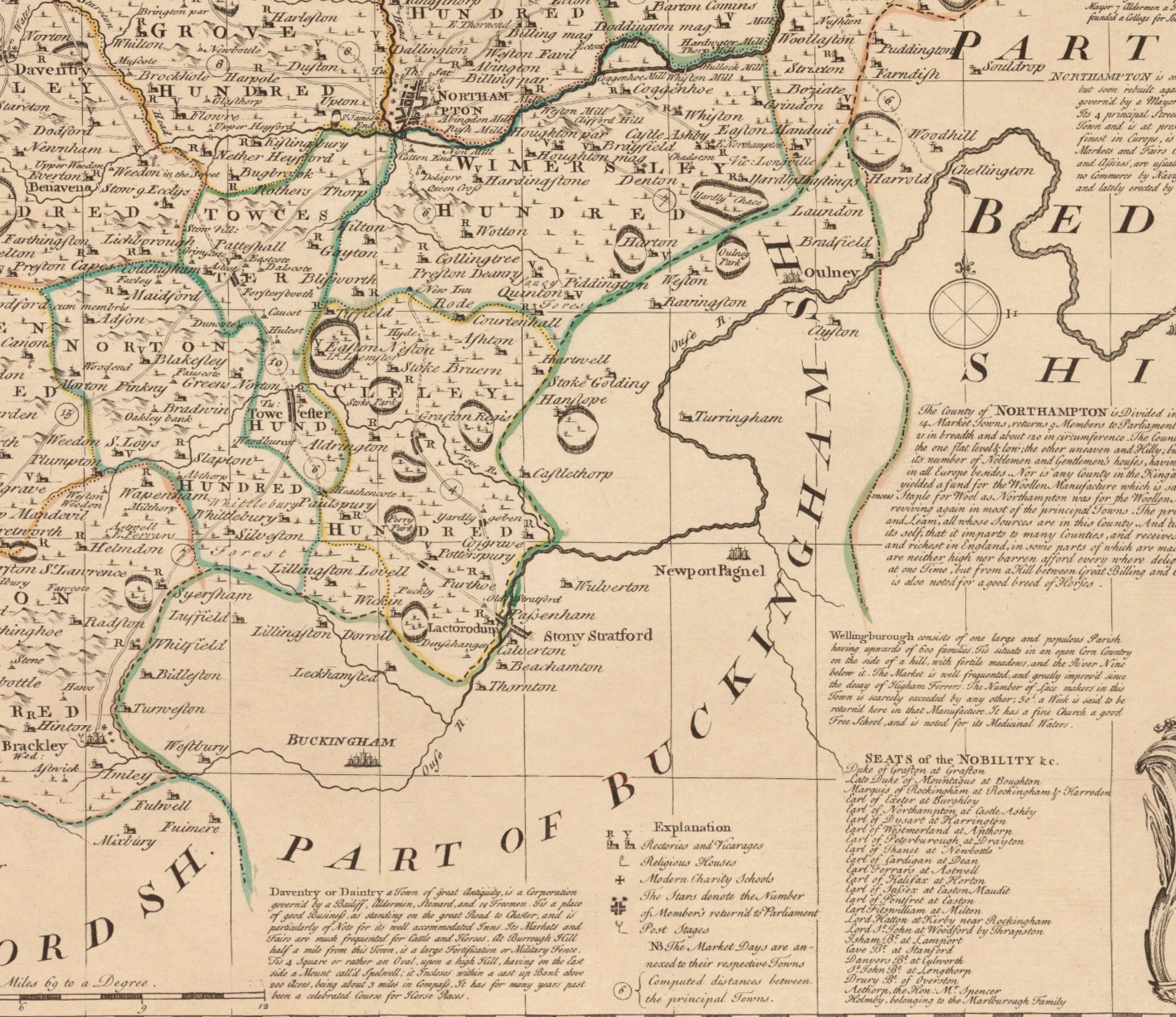 Northamptonshire Map dated 1760 - Antique Reproduction - Emanuel Bowen - Detailed County Map - Available Framed