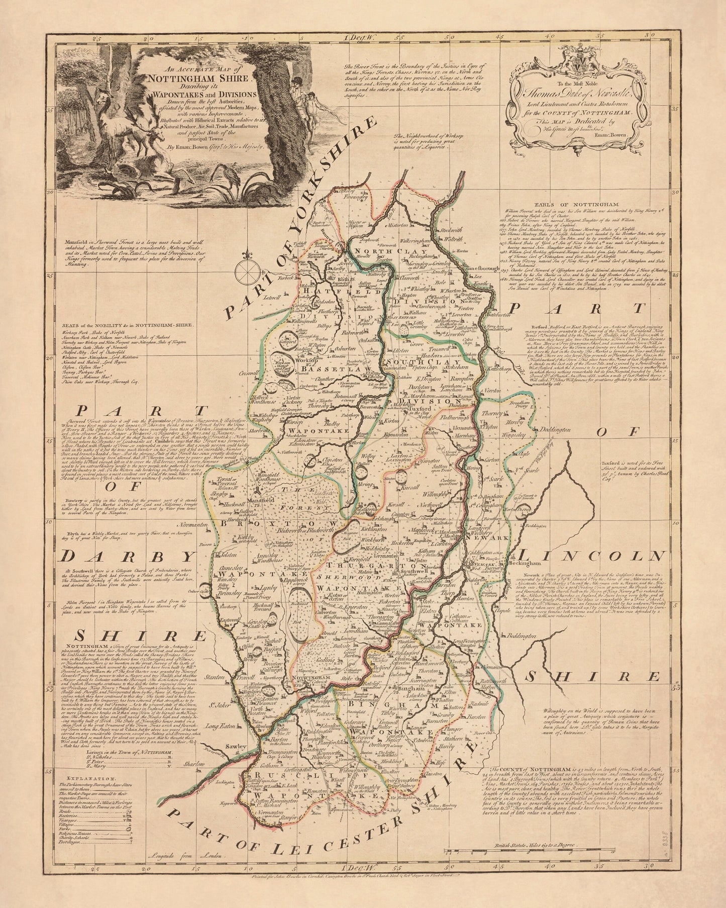 Nottinghamshire Map dated 1755 - Antique Reproduction - Emanuel Bowen - Detailed County Map - Available Framed