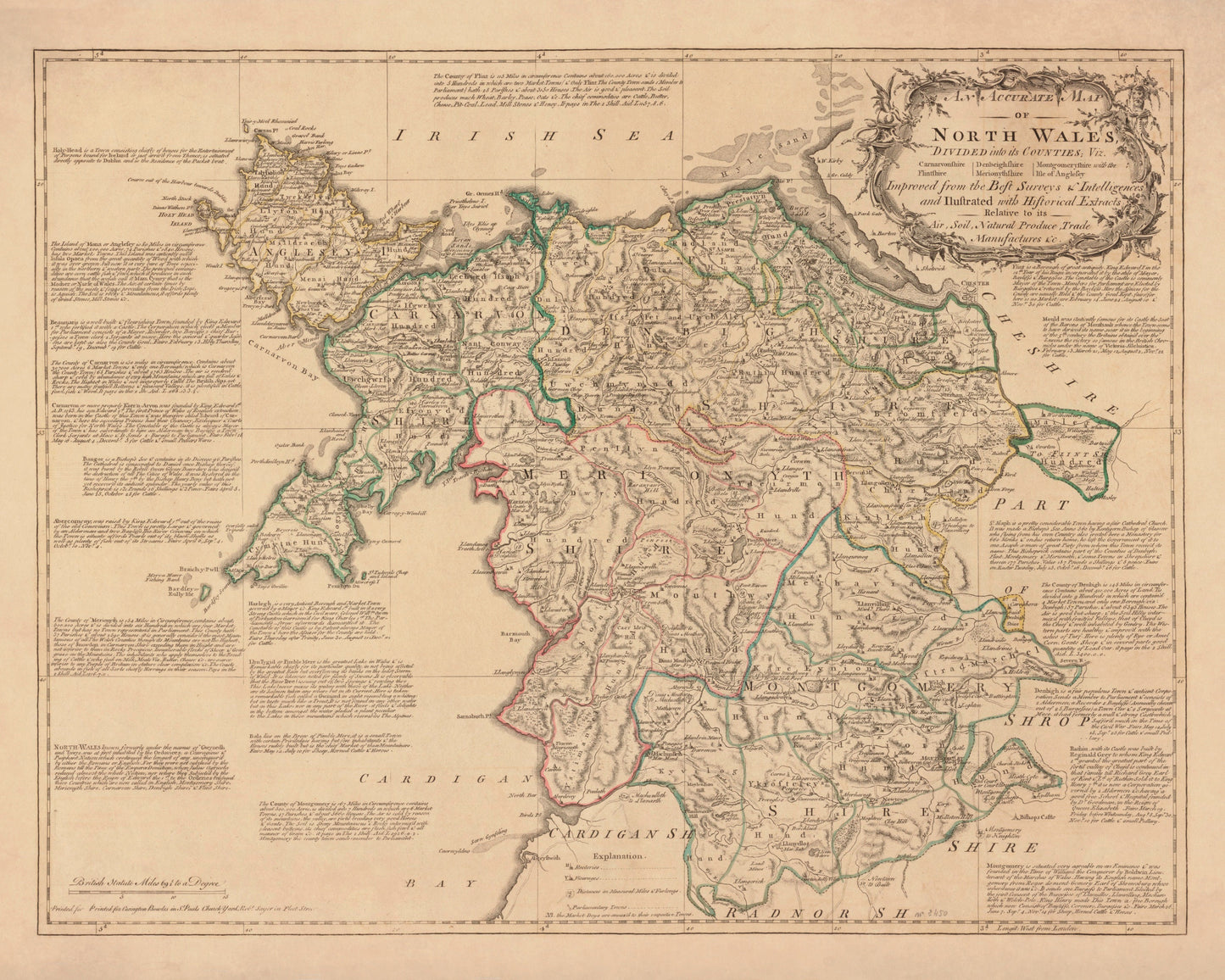 North Wales Map dated 1750 - Antique Reproduction - Emanuel Bowen - Detailed Map - Available Framed