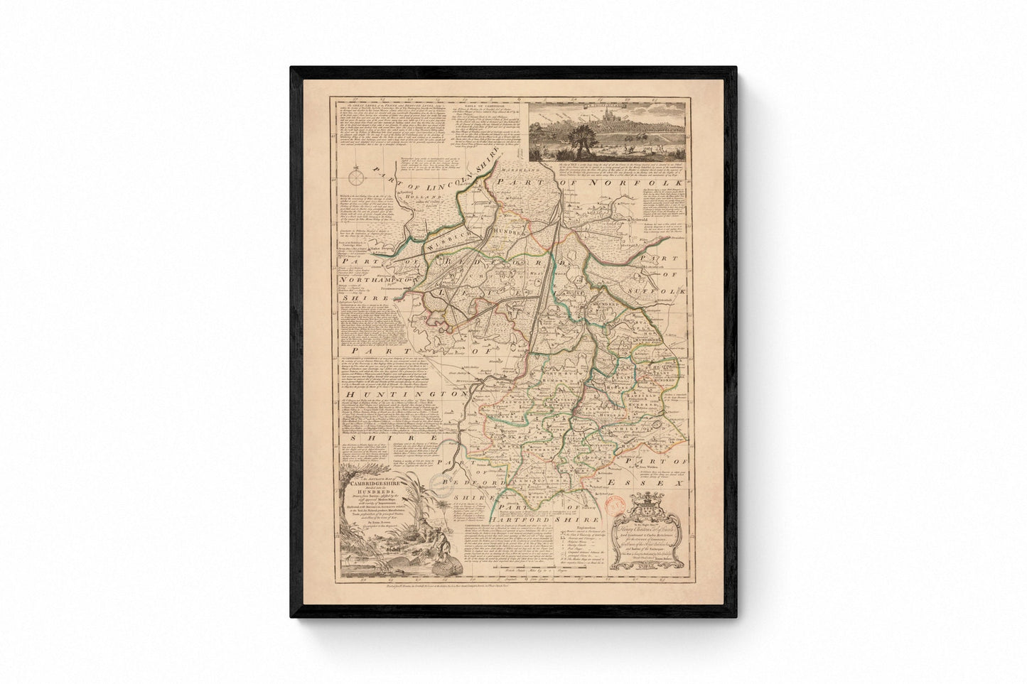 Cambridgeshire Map dated 1750 - Antique Reproduction - Emanuel Bowen - Detailed County Map - Available Framed