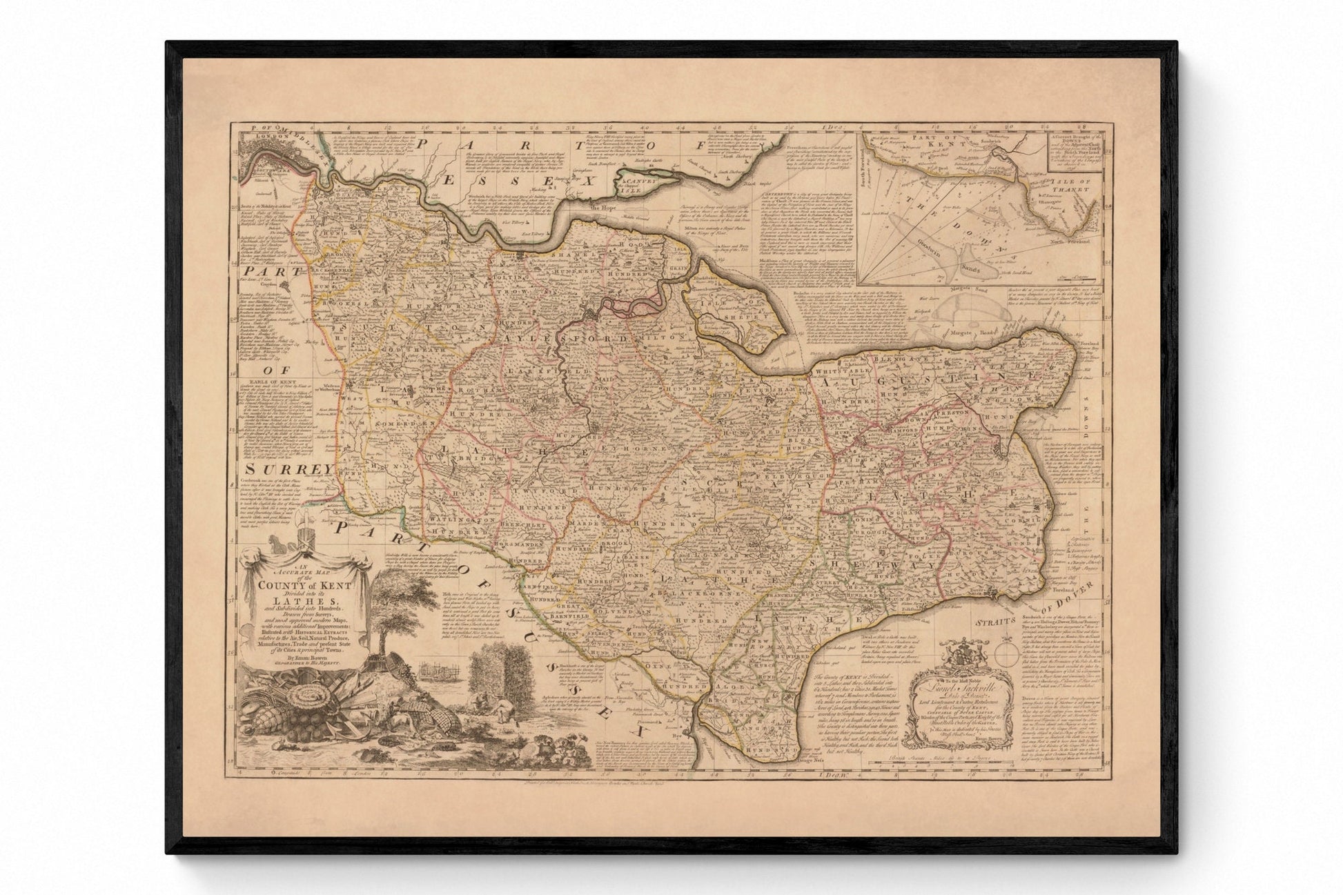 Kent Map dated 1740 - Antique Reproduction - Emanuel Bowen - Detailed County Map - Available Framed