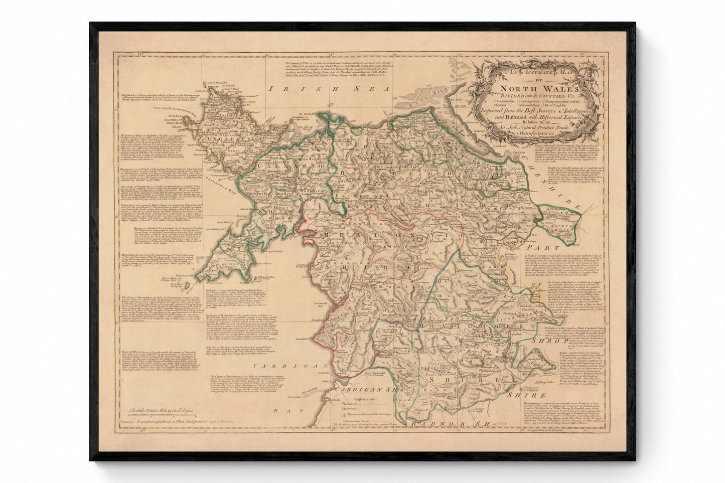 North Wales Map dated 1750 - Antique Reproduction - Emanuel Bowen - Detailed Map - Available Framed