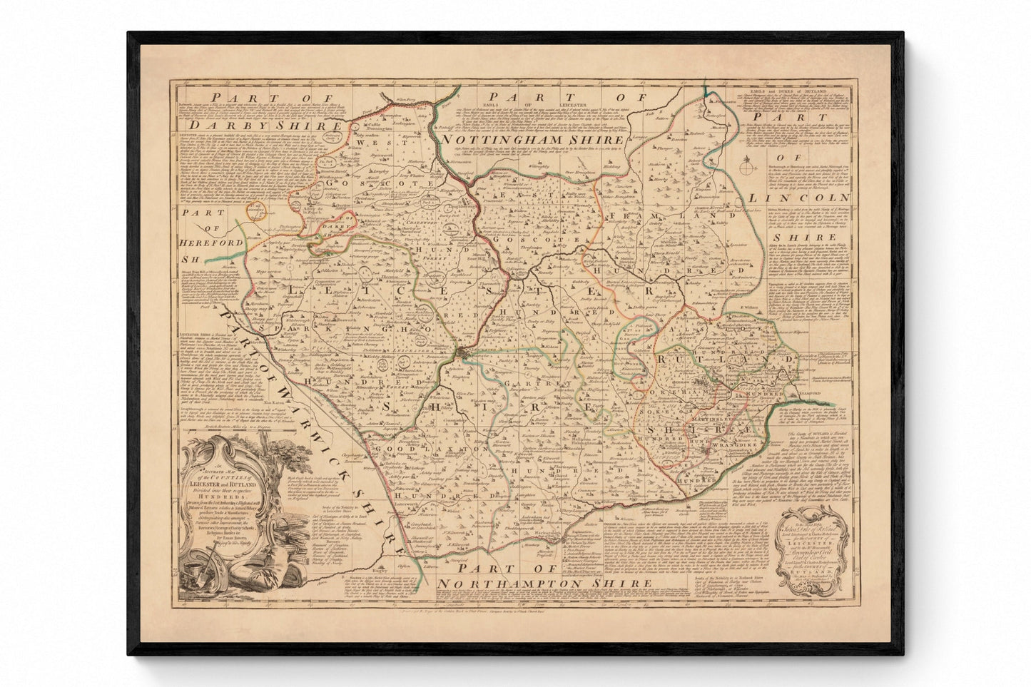 Leicester and Rutland Map dated 1760 - Antique Reproduction - Emanuel Bowen - Detailed County Map - Available Framed