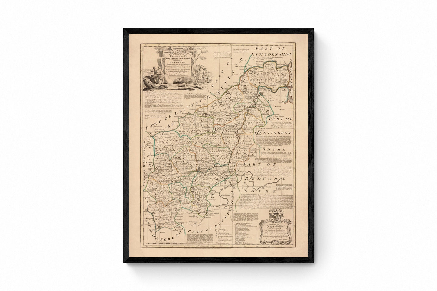 Northamptonshire Map dated 1760 - Antique Reproduction - Emanuel Bowen - Detailed County Map - Available Framed