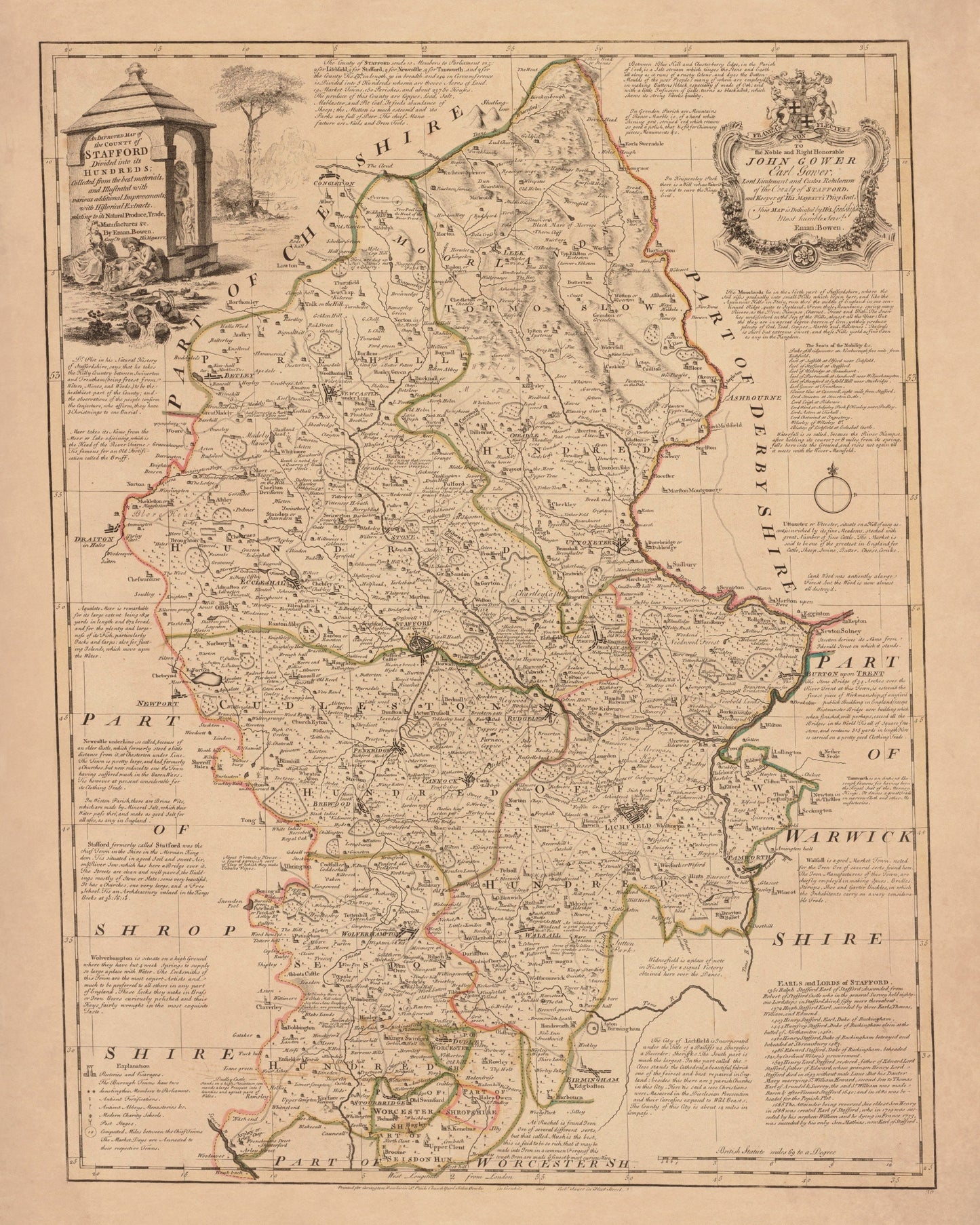 Staffordshire Map dated 1760 - Antique Reproduction - Emanuel Bowen - Detailed County Map - Available Framed