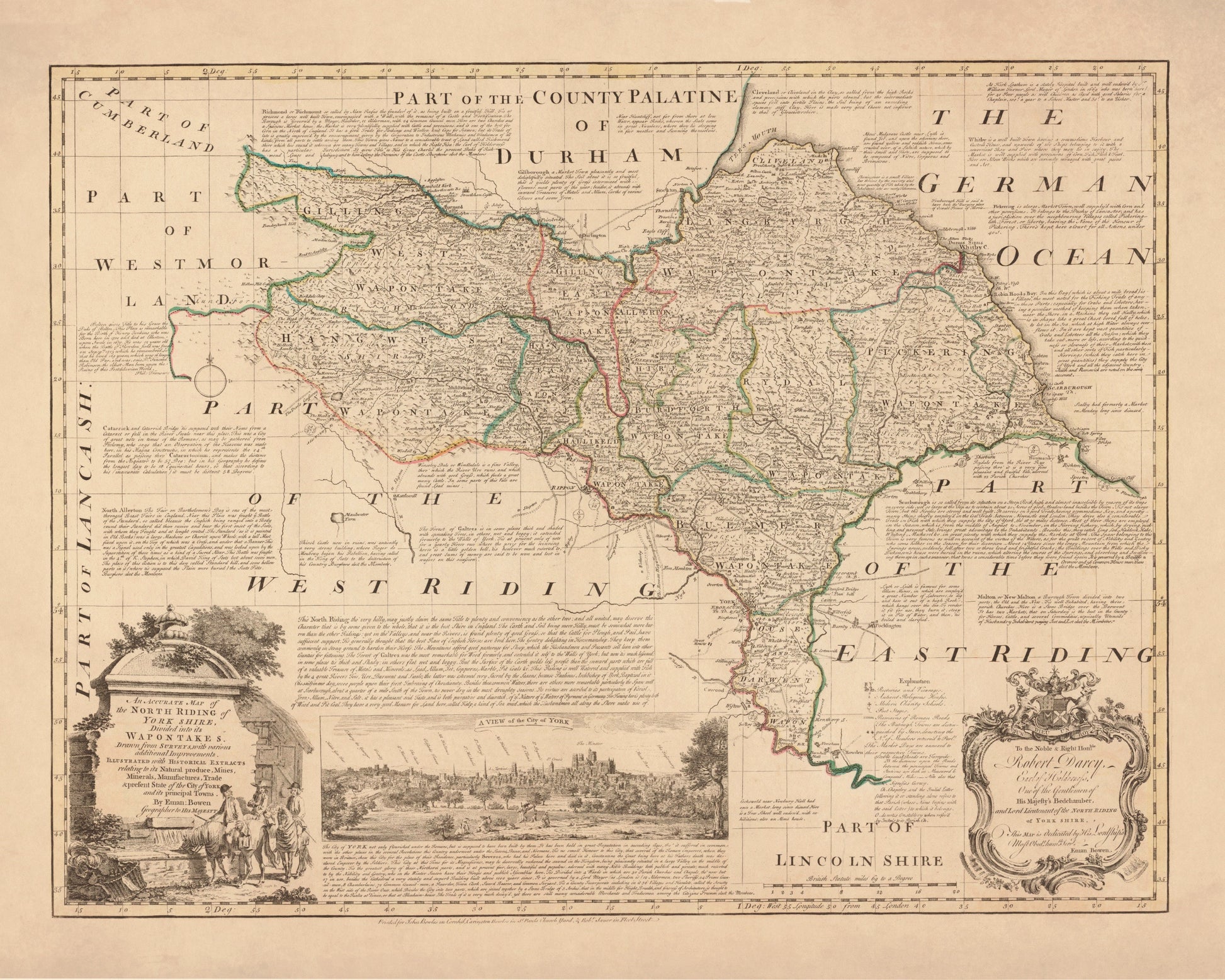 Yorkshire (North Riding) Map dated 1755 - Antique Reproduction - Emanuel Bowen - Detailed County Map - Available Framed