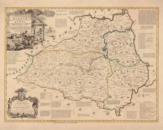 Durham Map dated 1775 - Antique Reproduction - Emanuel Bowen - Detailed County Map - Available Framed