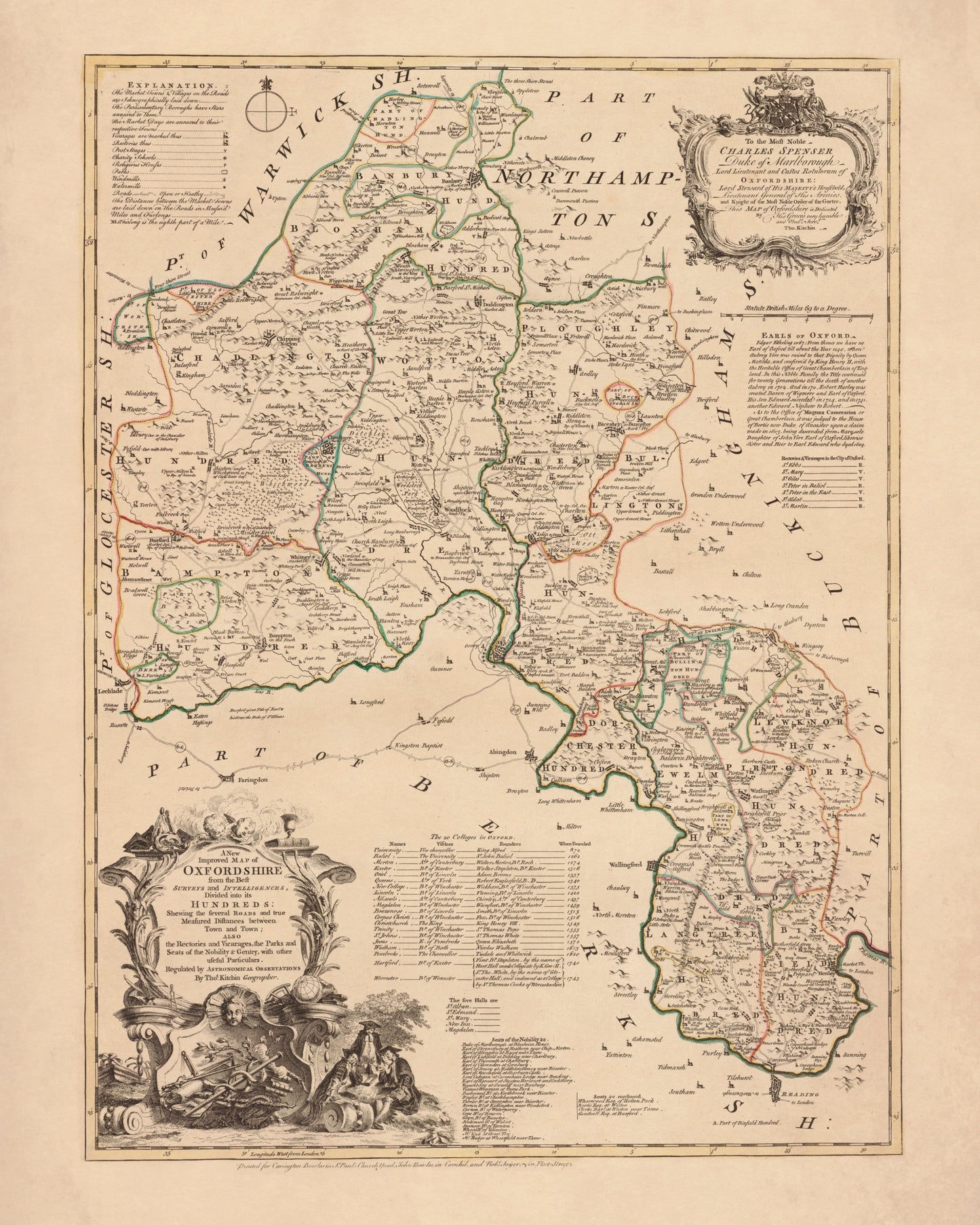 Oxfordshire Map dated 1750 - Antique Reproduction - Emanuel Bowen - Detailed County Map - Available Framed