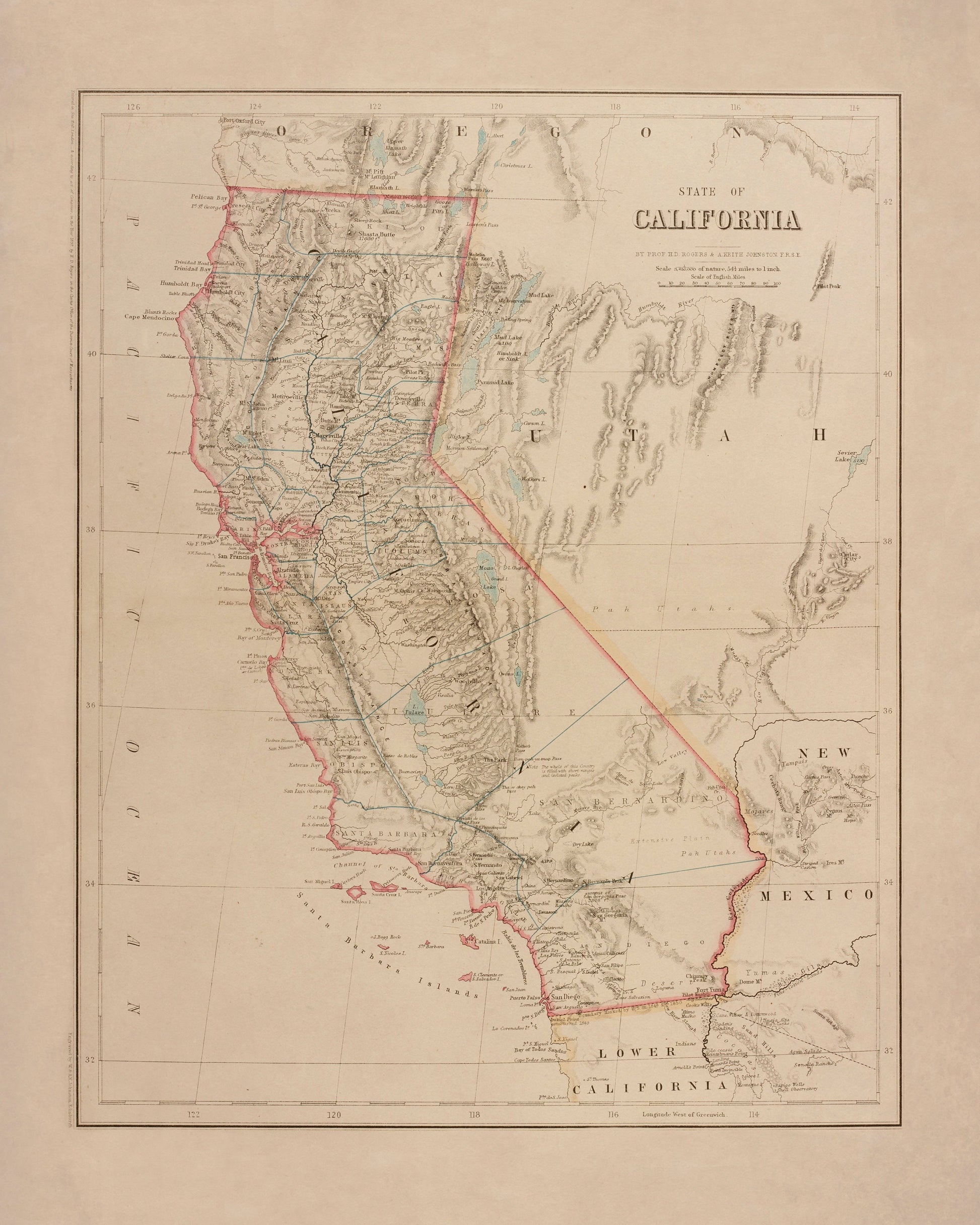 State of California - Antique Map dated 1857 - United States - Antique Reproduction - Available Framed