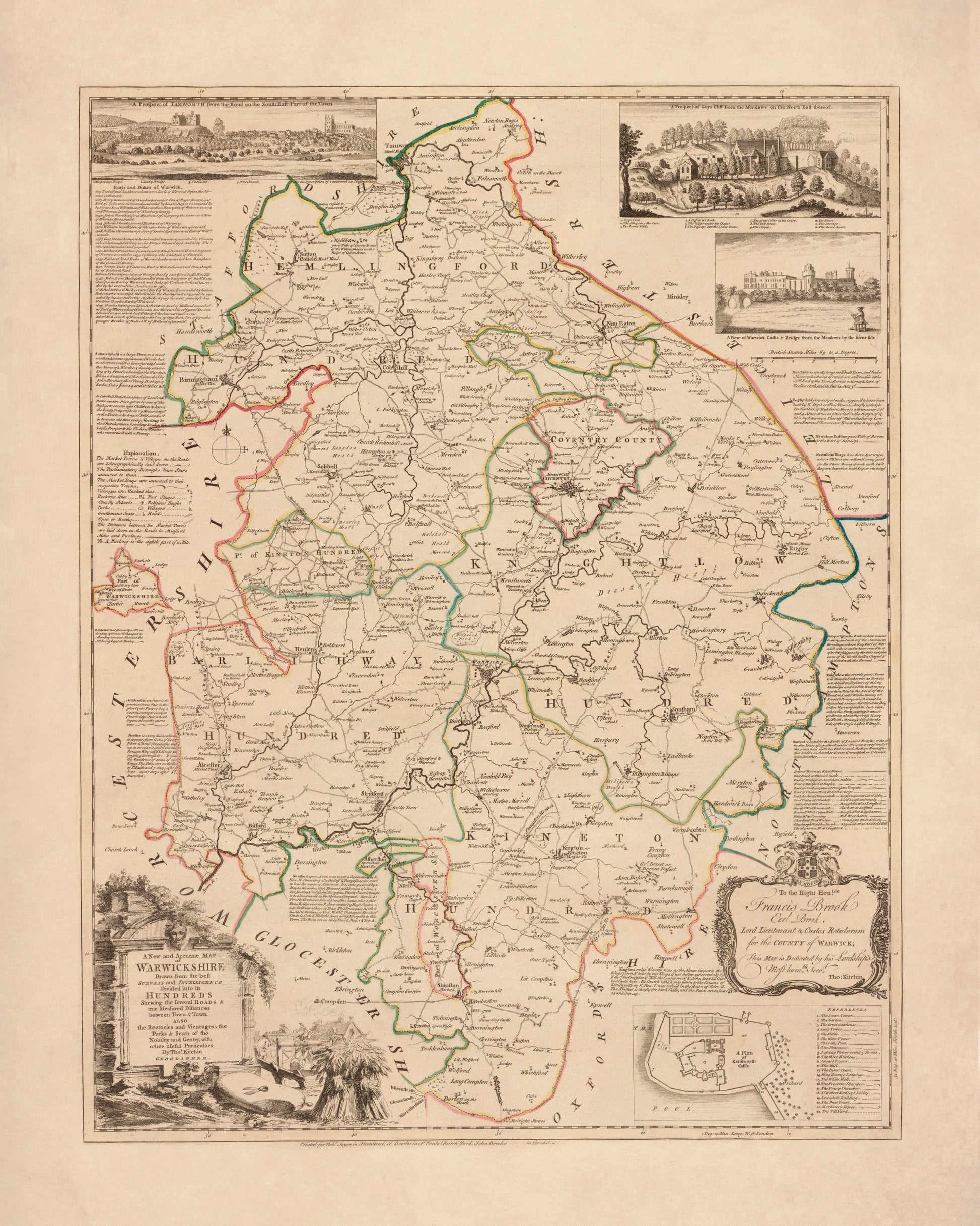 Warwickshire Map dated 1765 - Antique Reproduction - Emanuel Bowen - Detailed County Map - Available Framed