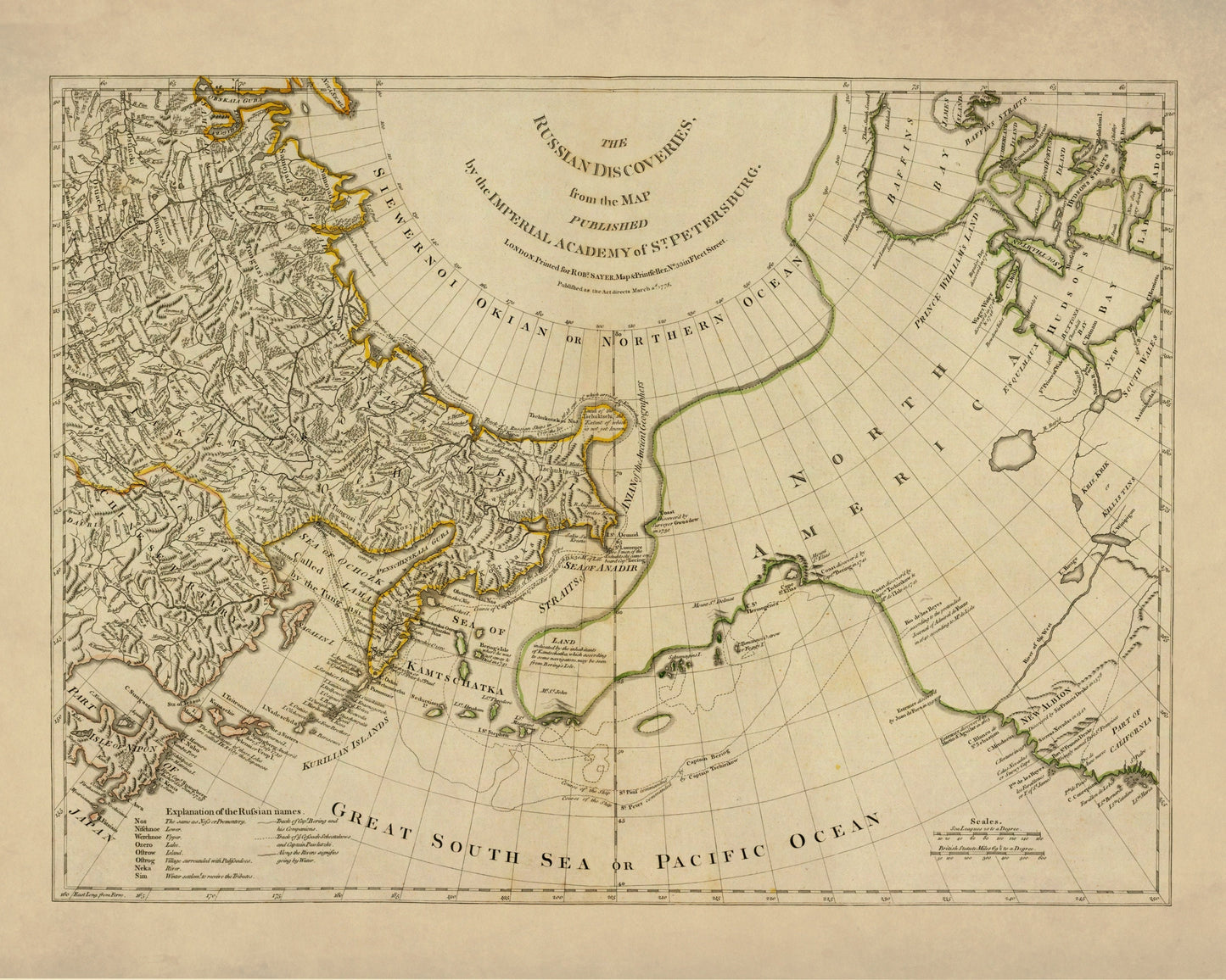 Russian Discoveries in Asia and America Map dated 1776 - Antique Reproduction - Unusual Map - North America History - Available Framed