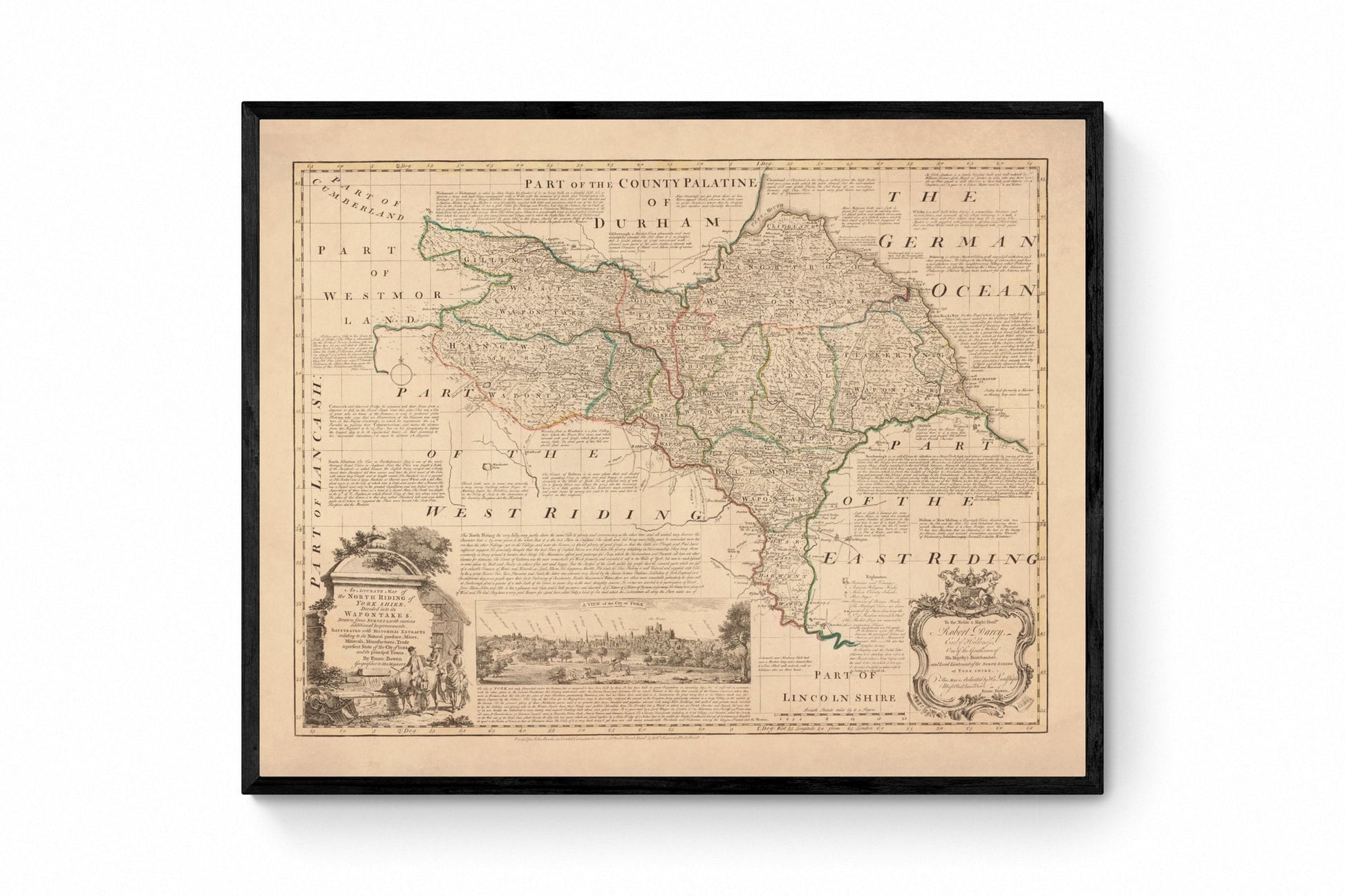 Yorkshire (North Riding) Map dated 1755 - Antique Reproduction - Emanuel Bowen - Detailed County Map - Available Framed