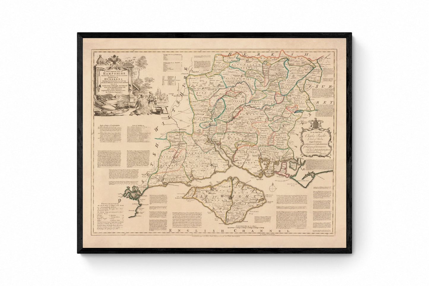 Hampshire Map dated 1760 - Antique Reproduction - Emanuel Bowen - Detailed County Map - Available Framed