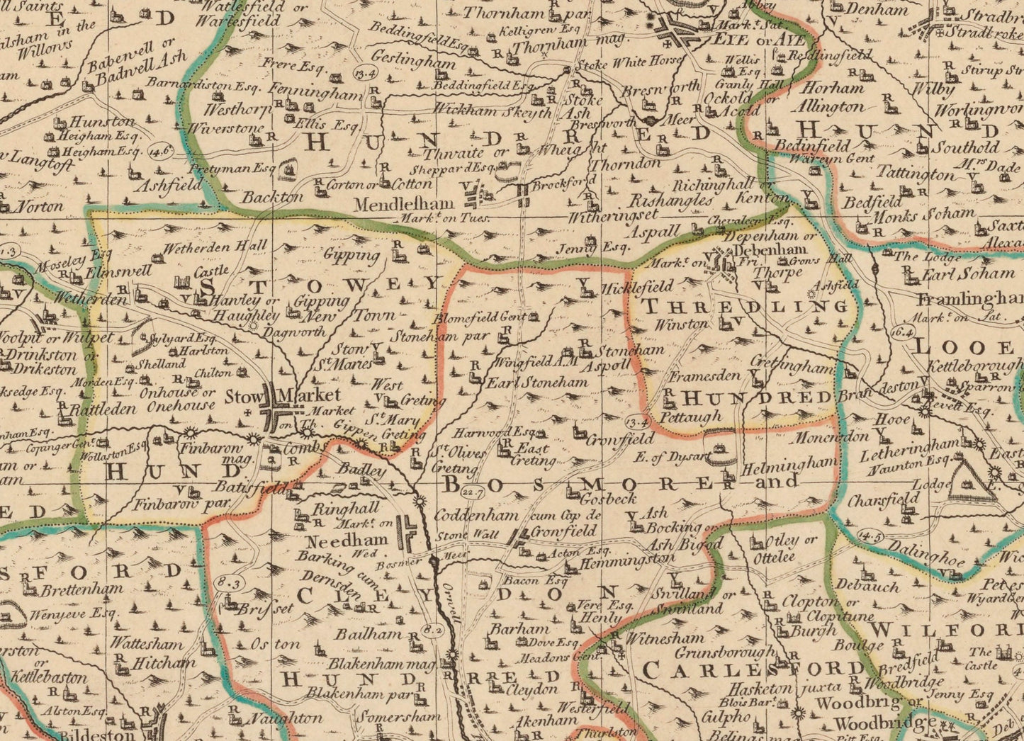 Suffolk Map dated 1750 - Antique Reproduction - Emanuel Bowen - Detailed County Map - Available Framed