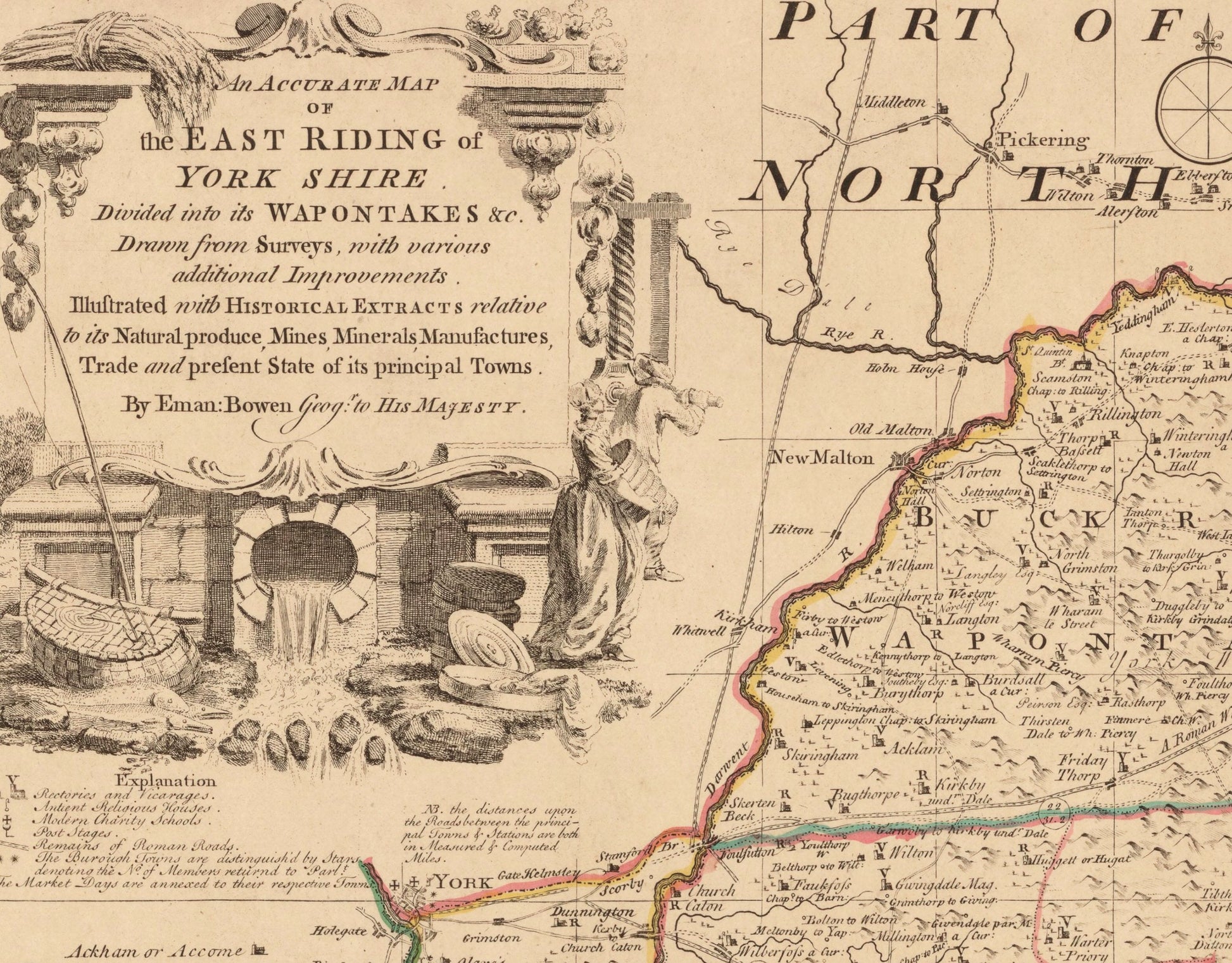 Yorkshire (East Riding) Map dated 1755 - Antique Reproduction - Emanuel Bowen - Detailed County Map - Available Framed