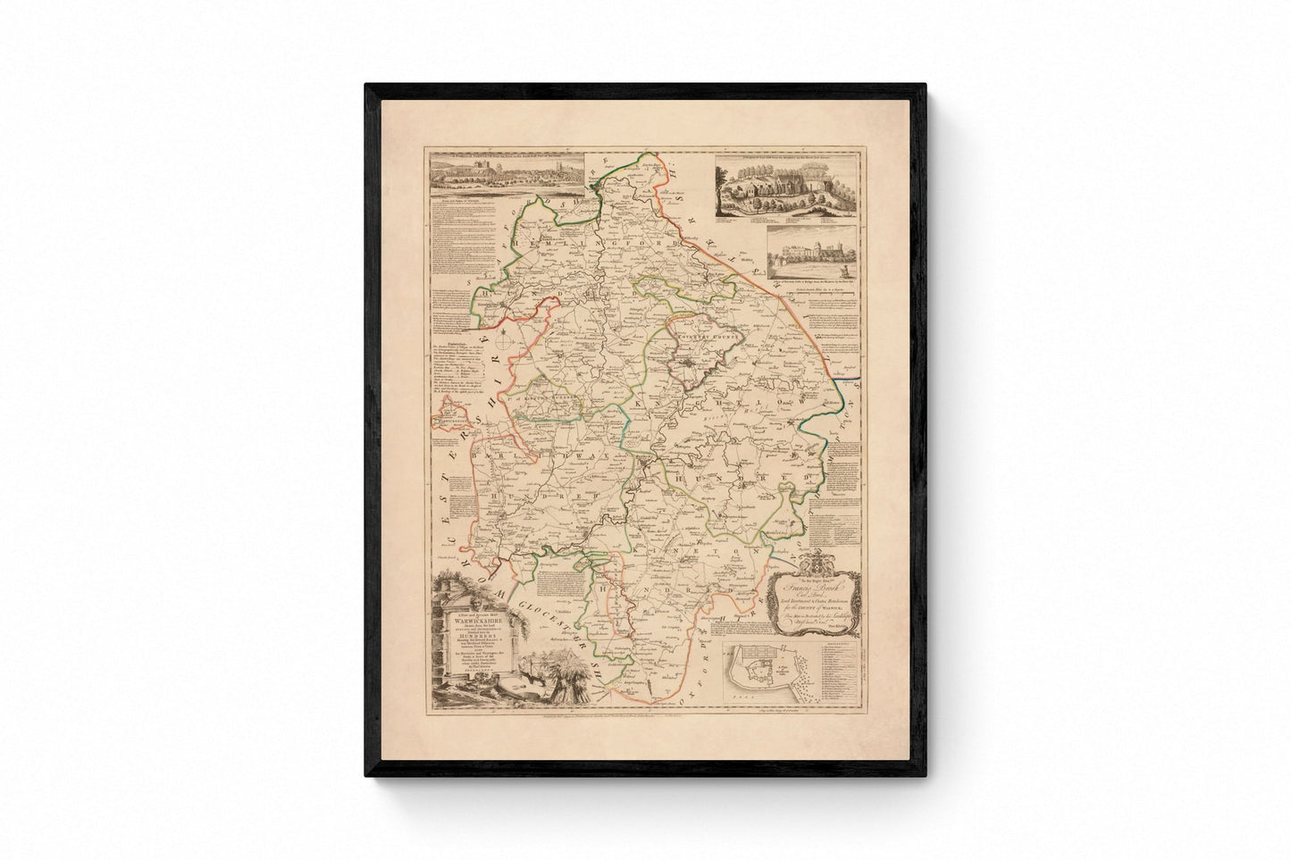 Warwickshire Map dated 1765 - Antique Reproduction - Emanuel Bowen - Detailed County Map - Available Framed