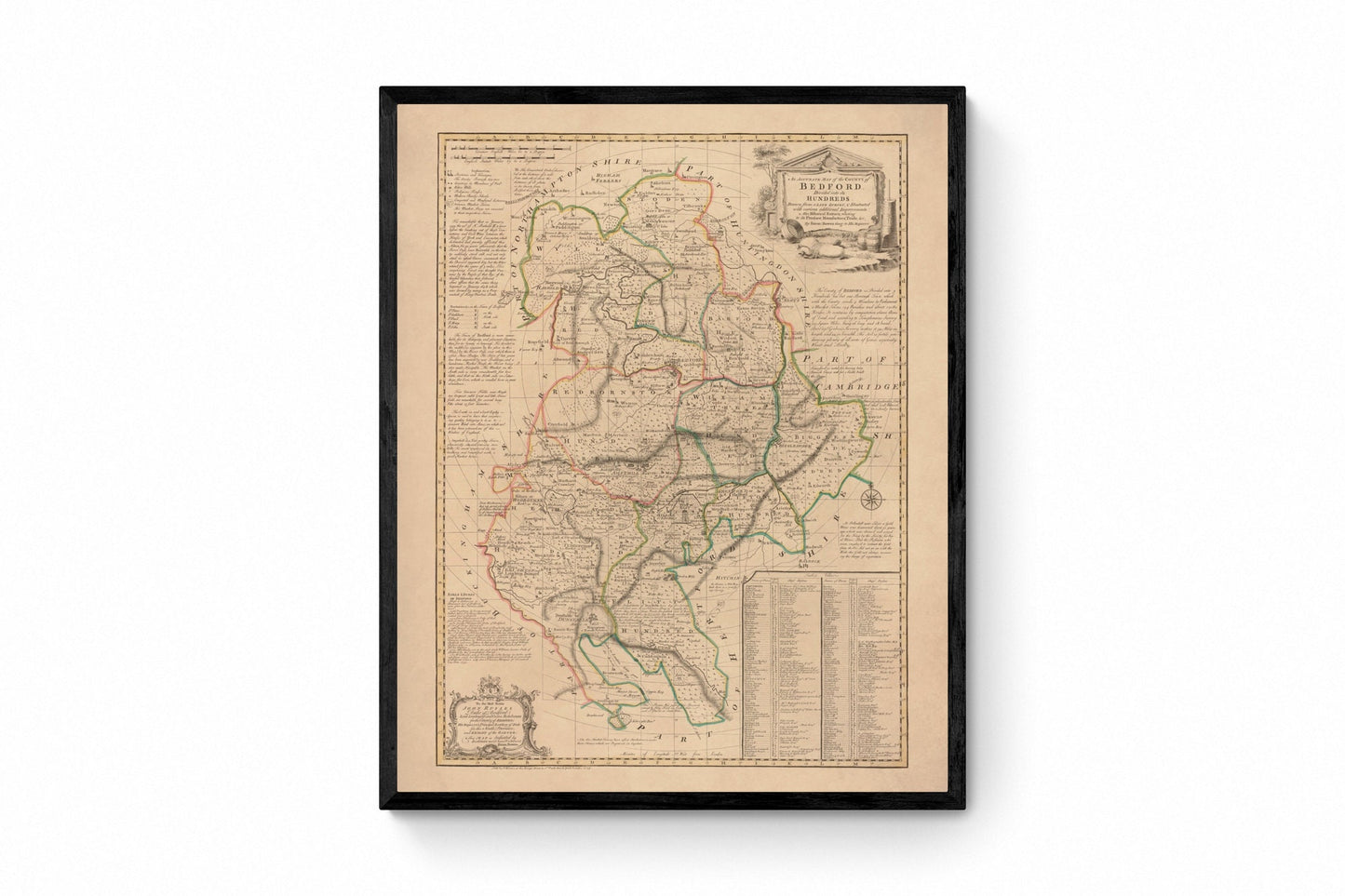 Bedfordshire Map dated 1749 - Antique Reproduction - Emanuel Bowen - Detailed County Map - Available Framed