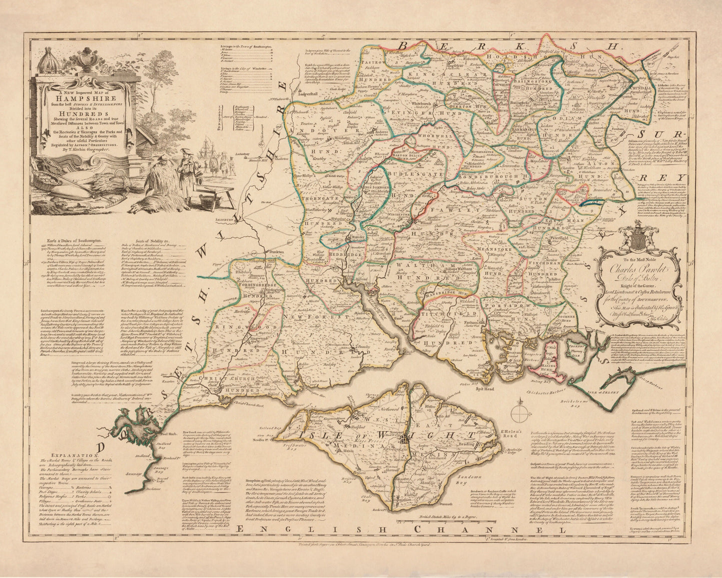 Hampshire Map dated 1760 - Antique Reproduction - Emanuel Bowen - Detailed County Map - Available Framed