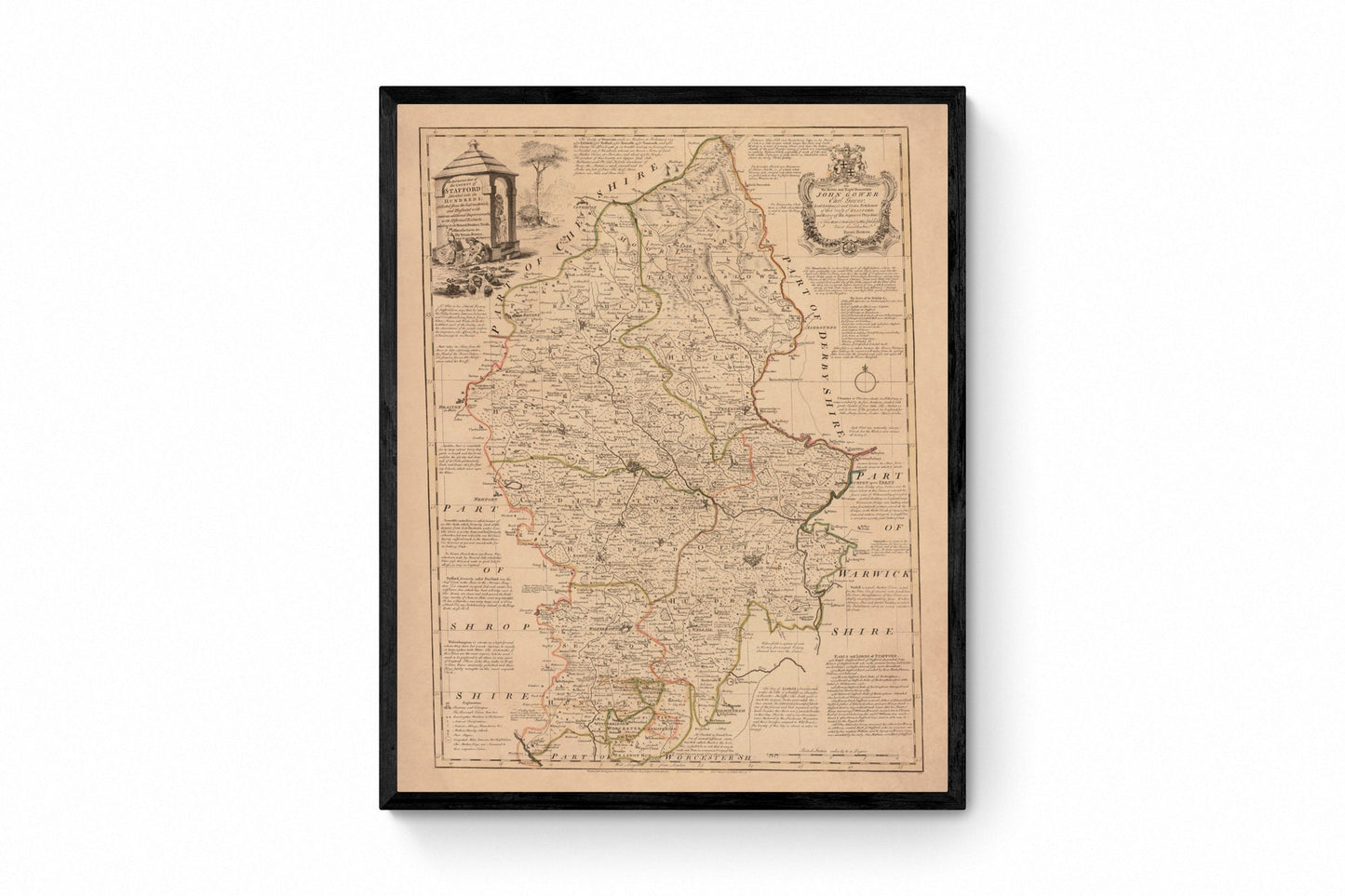 Staffordshire Map dated 1760 - Antique Reproduction - Emanuel Bowen - Detailed County Map - Available Framed