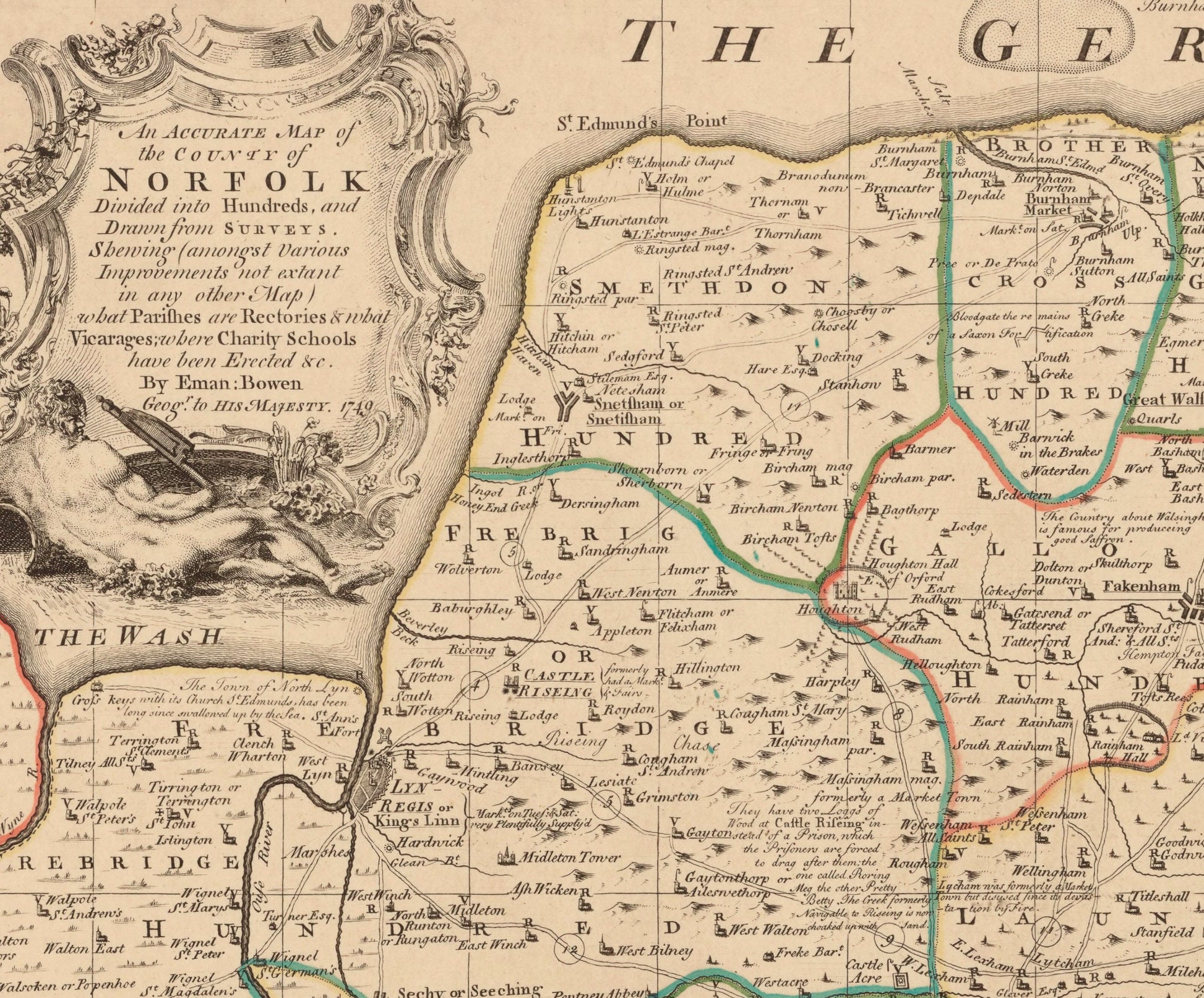 Norfolk Map dated 1749 - Antique Reproduction - Emanuel Bowen - Detailed County Map - Available Framed