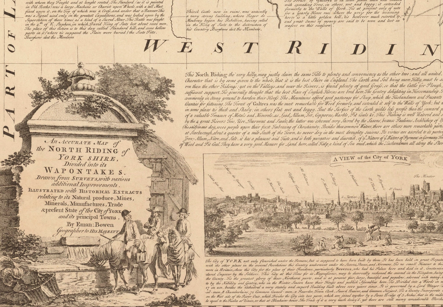 Yorkshire (North Riding) Map dated 1755 - Antique Reproduction - Emanuel Bowen - Detailed County Map - Available Framed